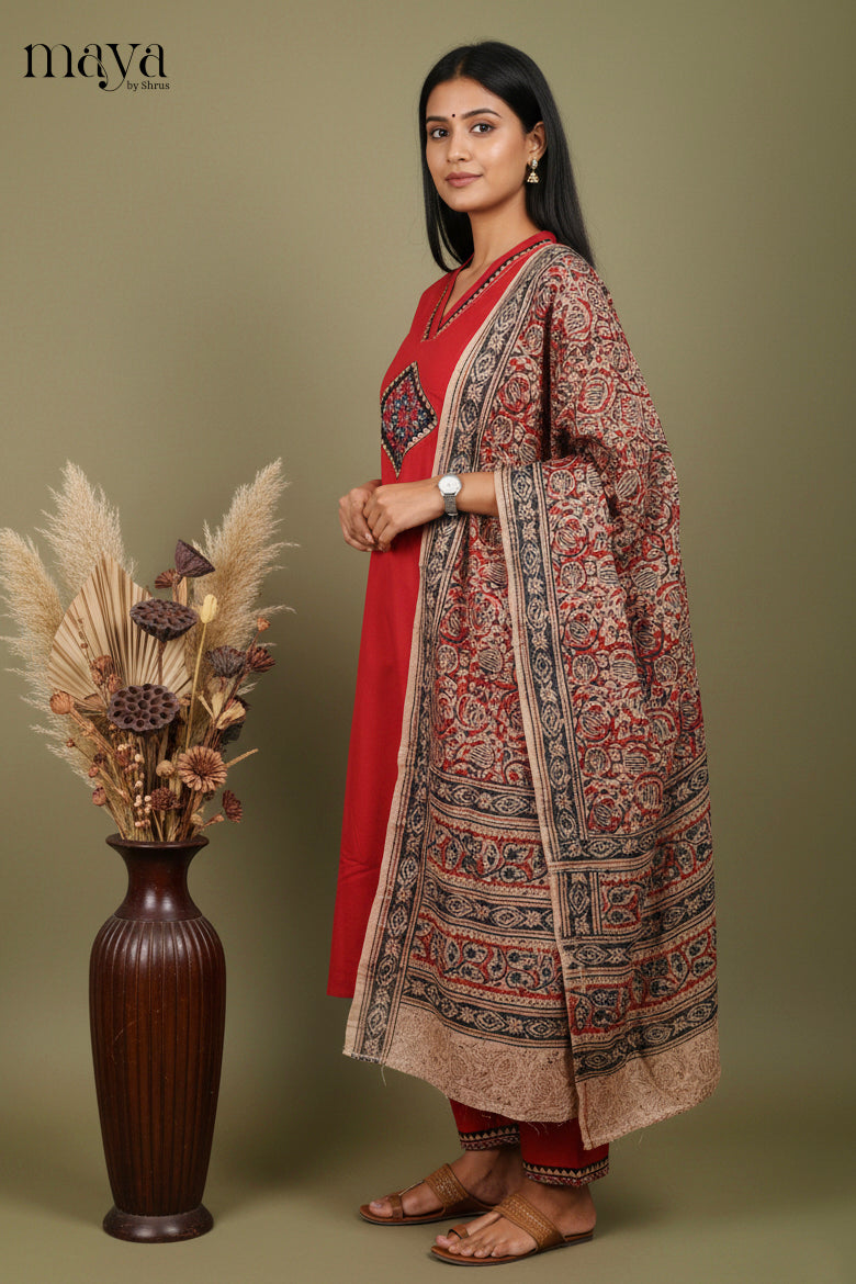 Pretty Red Readymade Salwar Set with V Neck & Kalamkari Dupatta