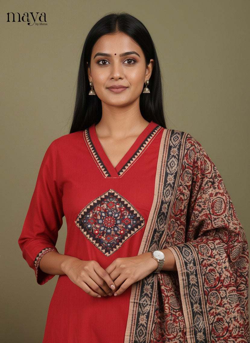 Pretty Red Readymade Salwar Set with V Neck & Kalamkari Dupatta