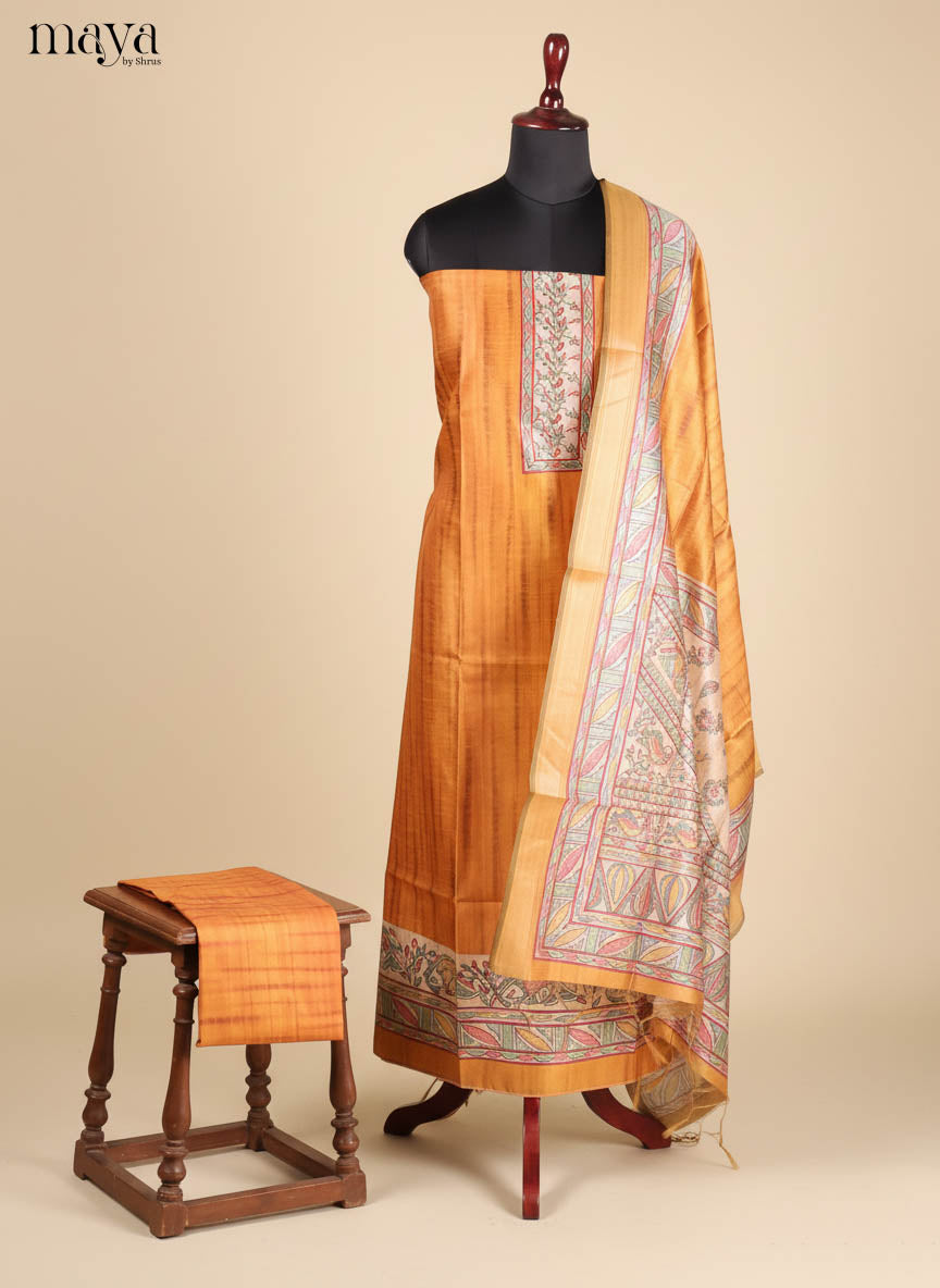 Timeless Dark Mustard Semi Tussar Salwar Material With Yoke Neck