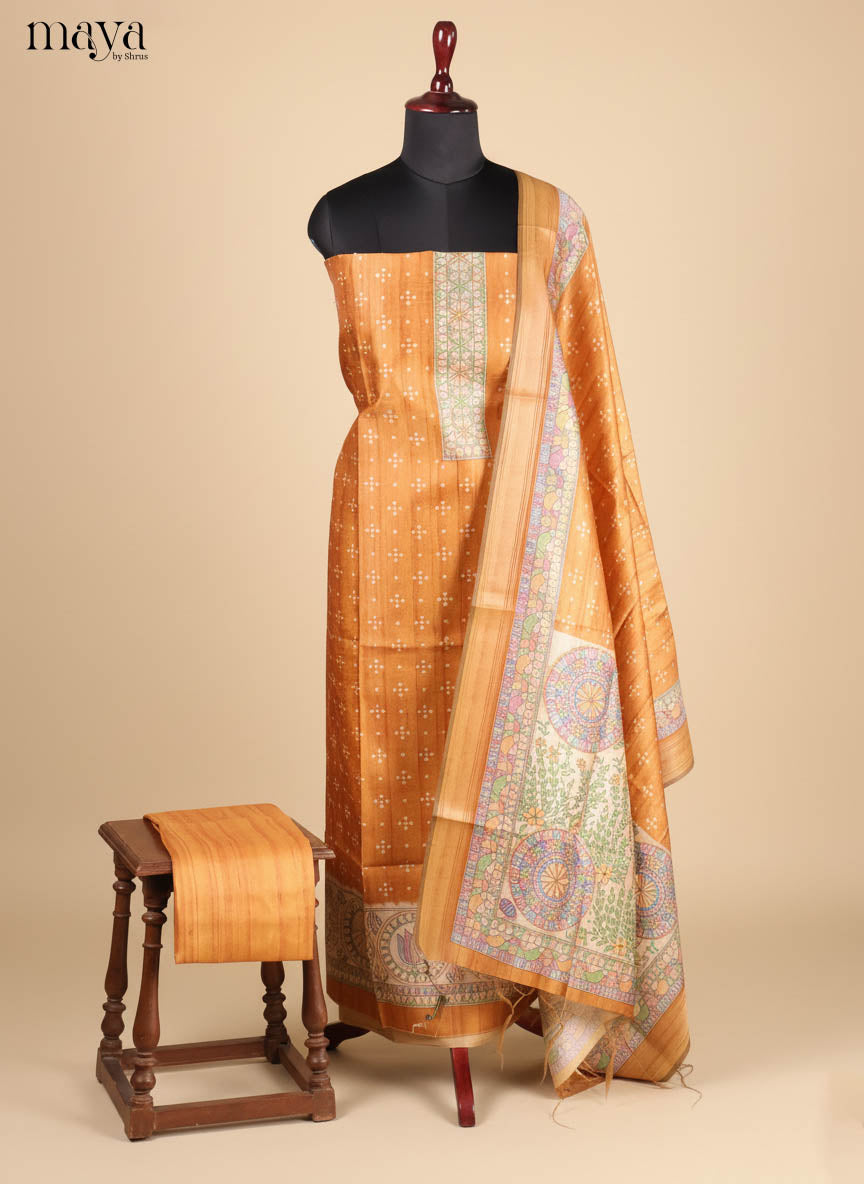 Classy Mustard Semi Tussar Salwar Material With Kalamkari Prints