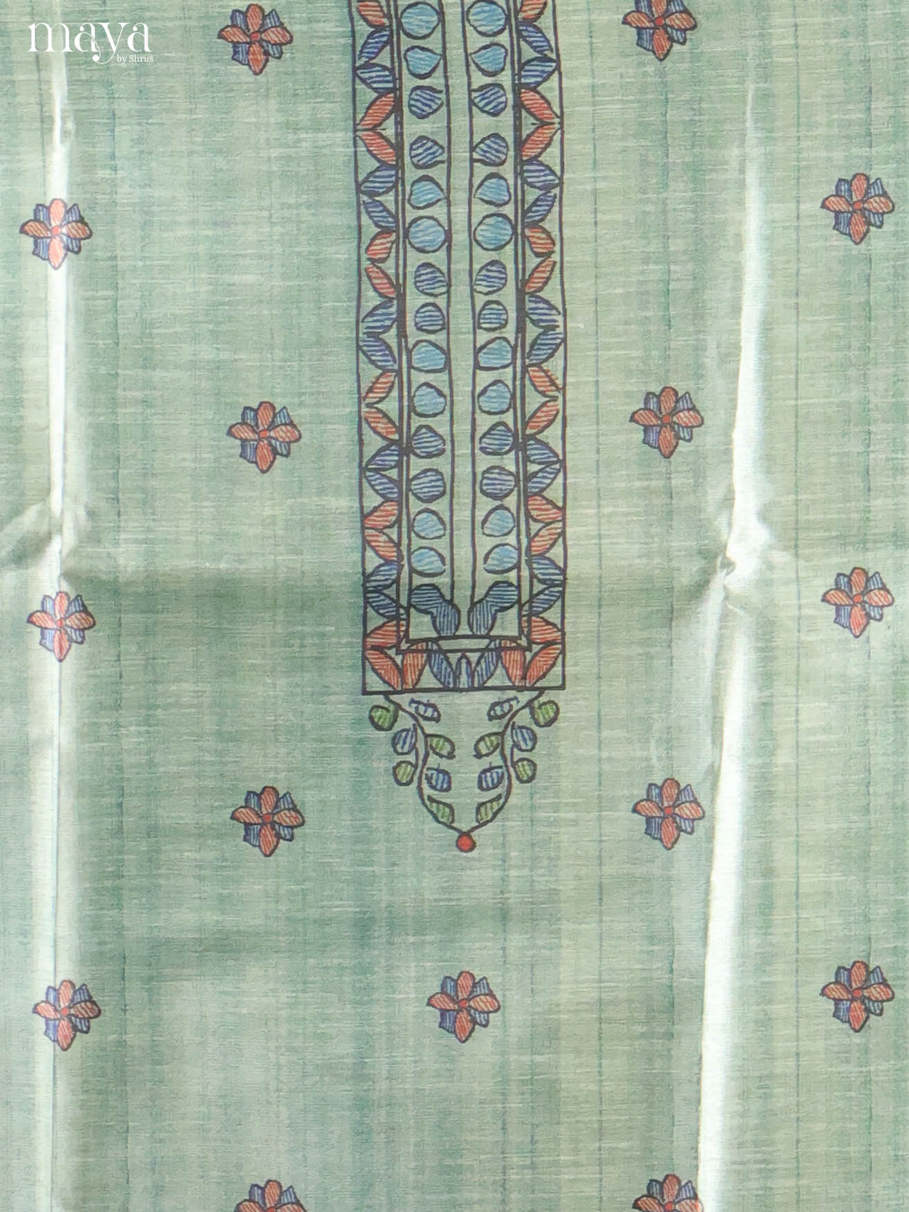 Ethnic Ice Green Semi Tussar Salwar Material With Madhubani Prints