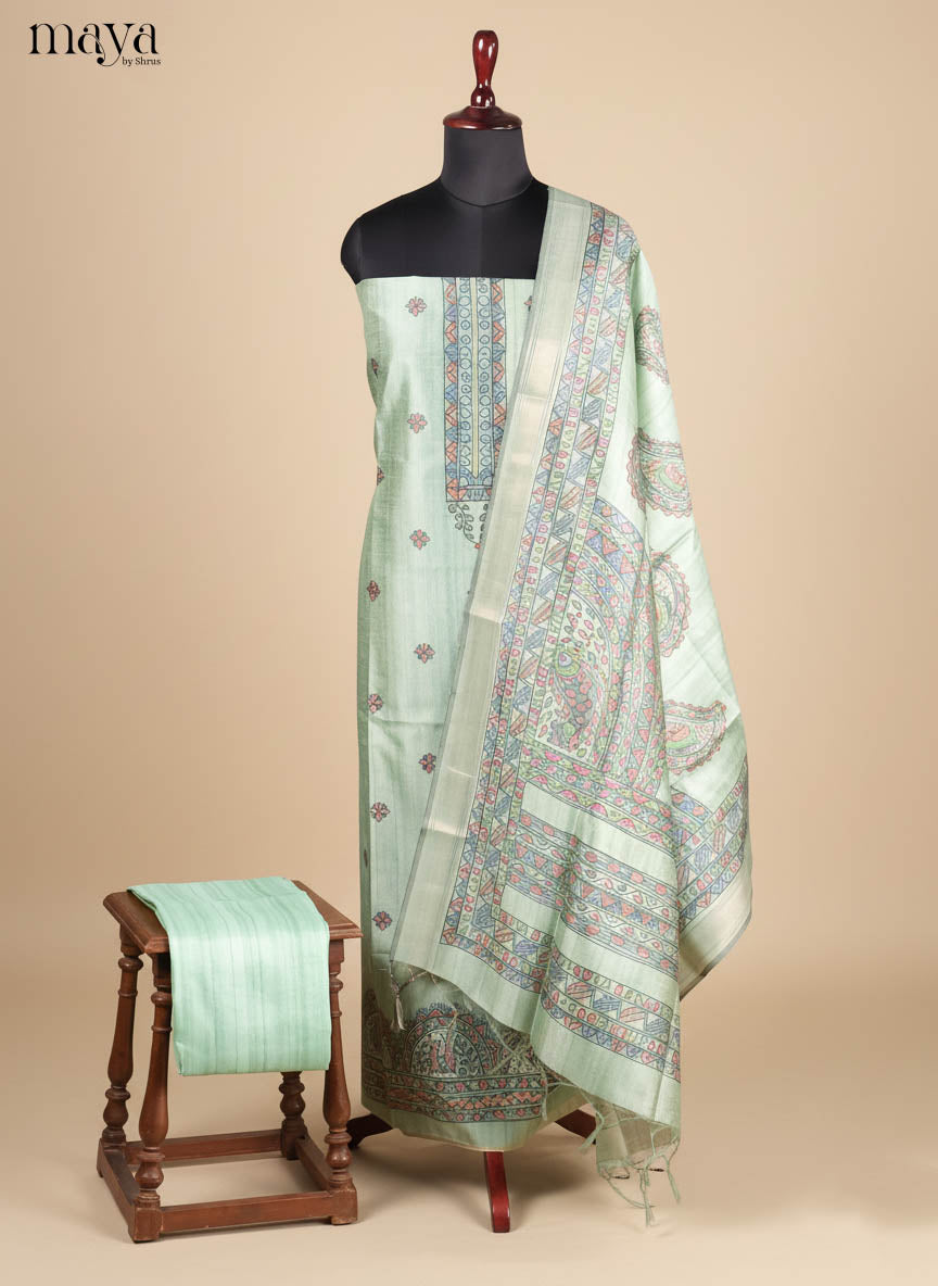 Ethnic Ice Green Semi Tussar Salwar Material With Madhubani Prints