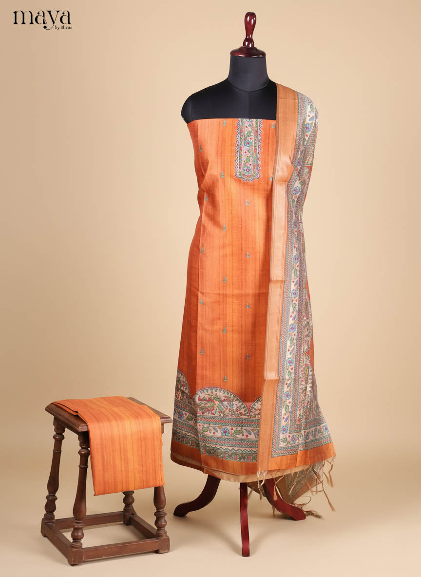 Elegant Brick Semi Tussar Salwar Material With Madhubani Prints