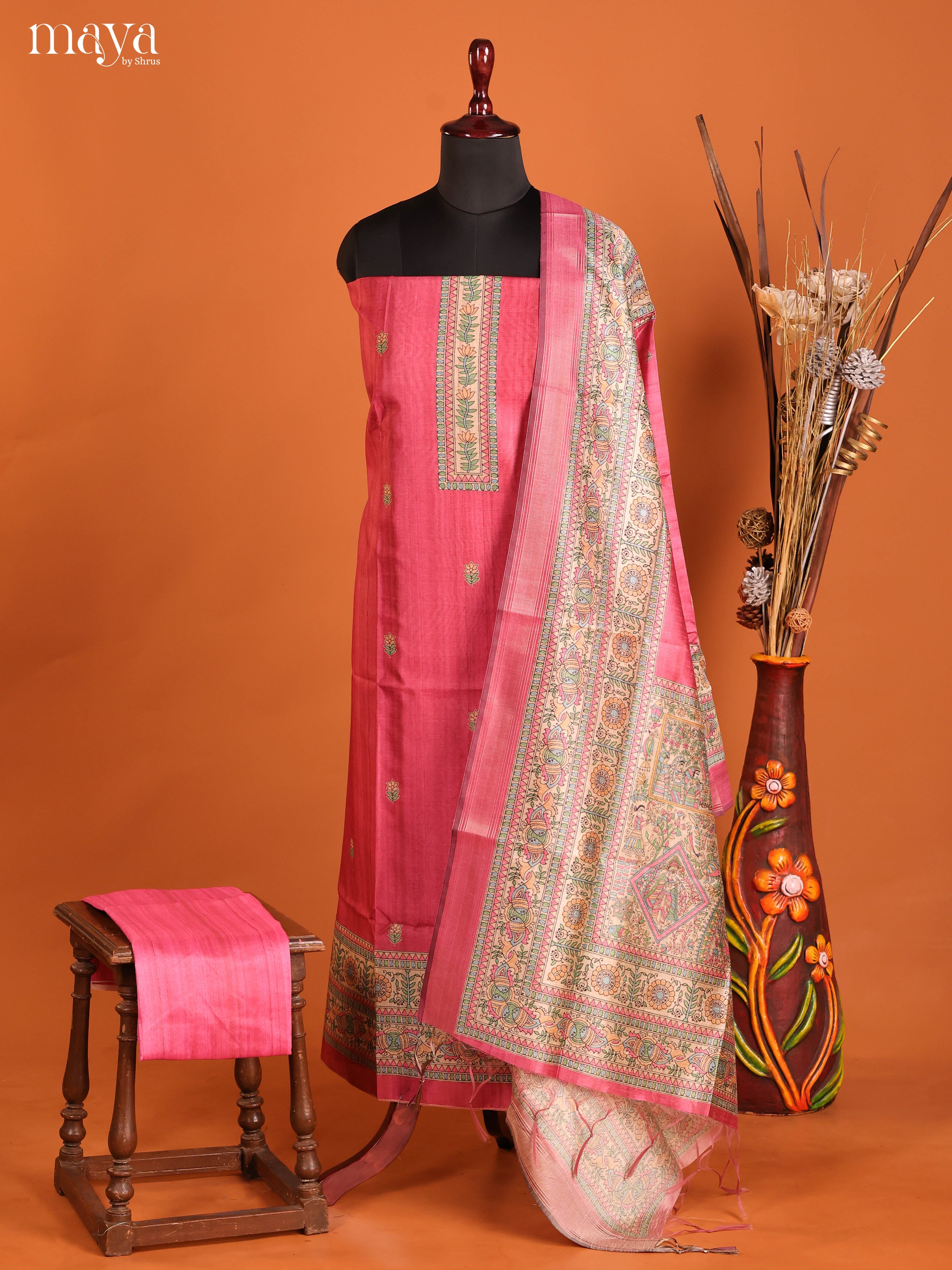 Bold Fuchsia Pink Semi Tussar Salwar Suit Material With Printed Buttas