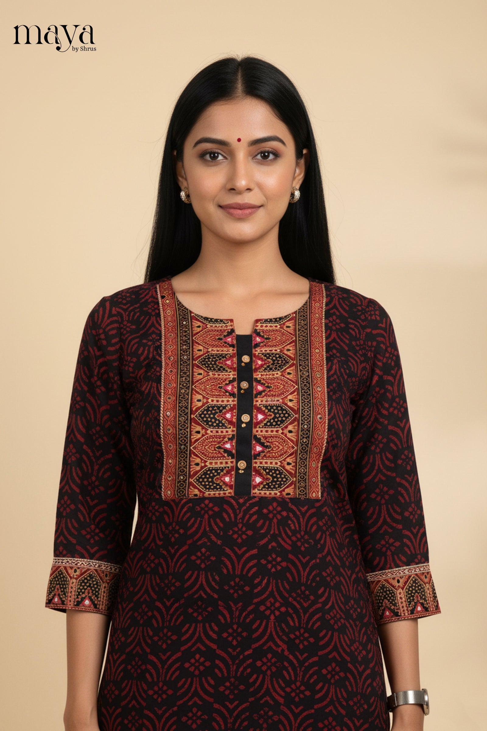Beautiful Black & Maroon Printed Readymade Kurti with Yoke Neck