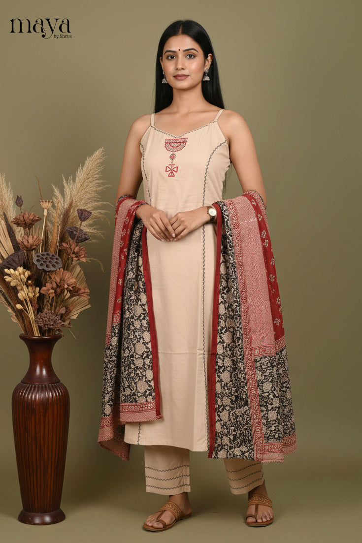 Stylish Beige Sleeveless Salwar Suit with Embroidered Pattern & Printed Dupatta