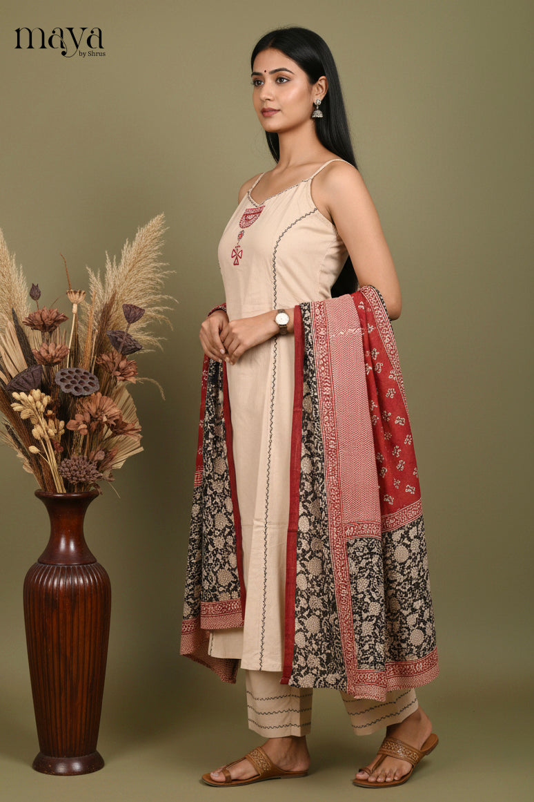 Stylish Beige Sleeveless Salwar Suit with Embroidered Pattern & Printed Dupatta