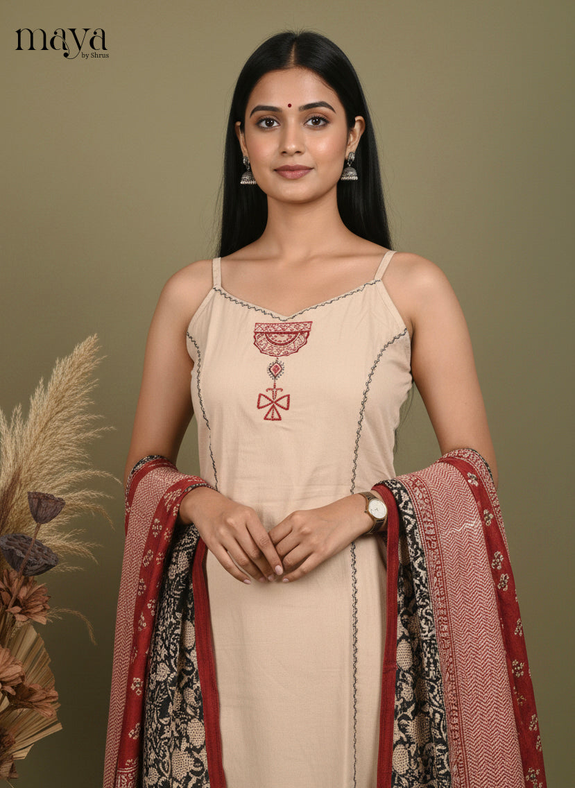 Stylish Beige Sleeveless Salwar Suit with Embroidered Pattern & Printed Dupatta