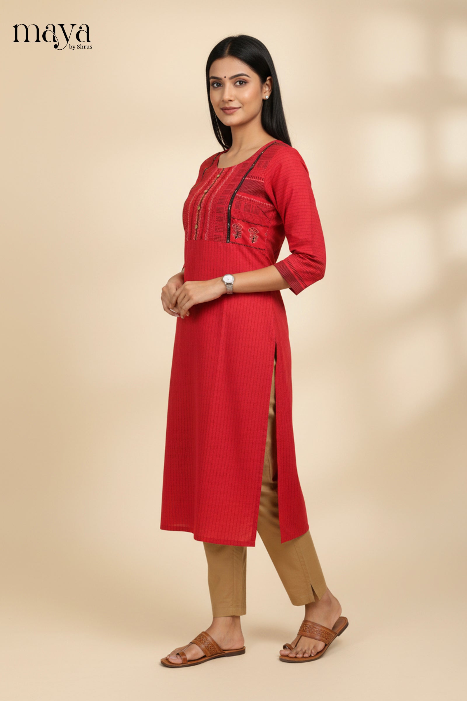 Striking Red Readymade Kurti With Stripes Pattern & Yoke Neck