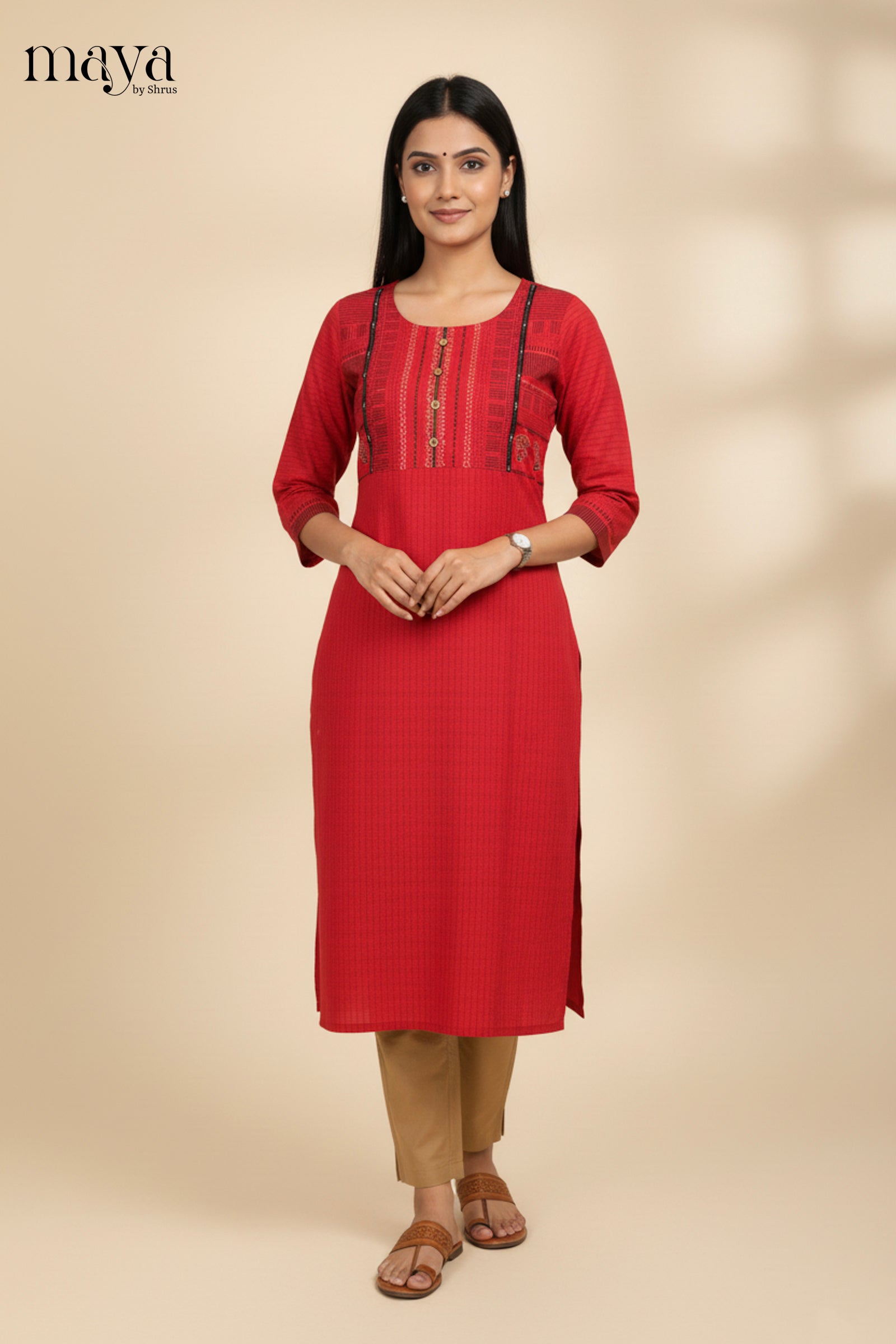 Striking Red Readymade Kurti With Stripes Pattern & Yoke Neck