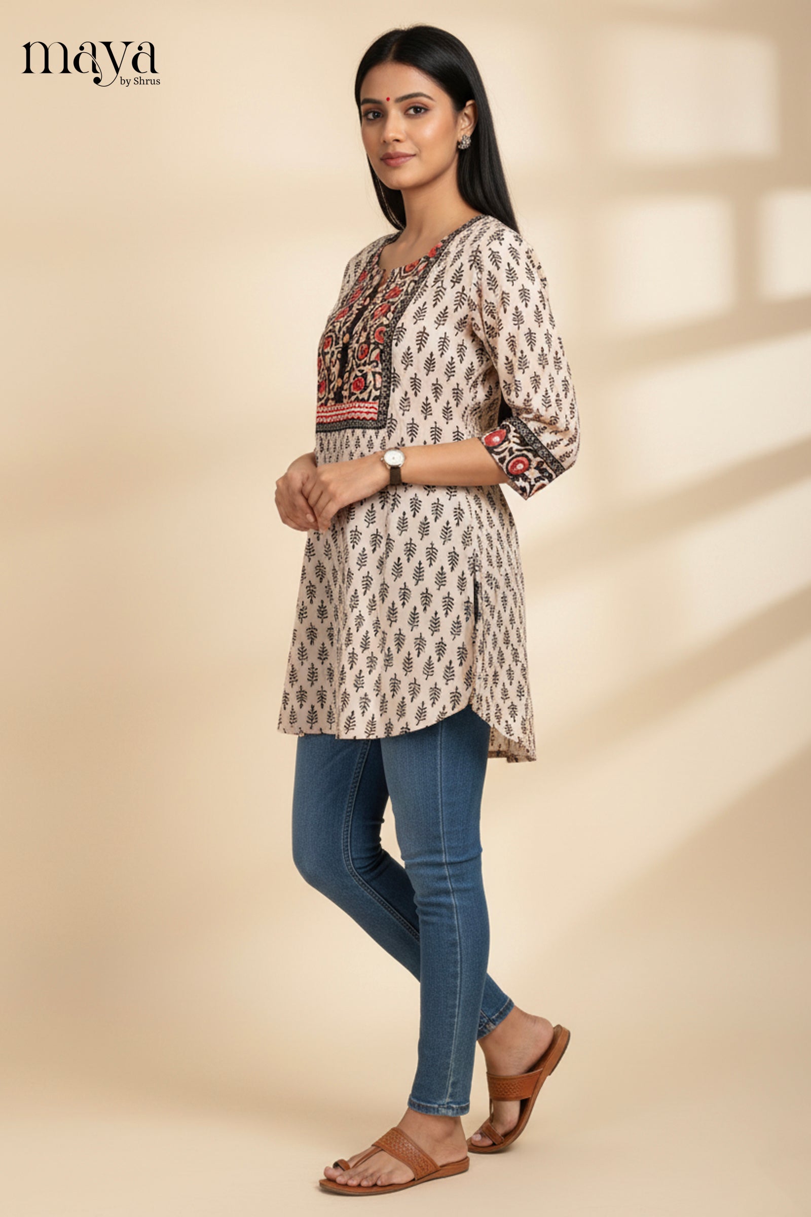 Off-white Tunic Readymade Kurti with Printed Design-mdi15022