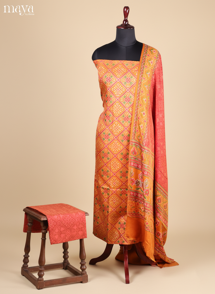 Elegant Mustard Semi Patola Salwar Suit Material With Classic Motifs