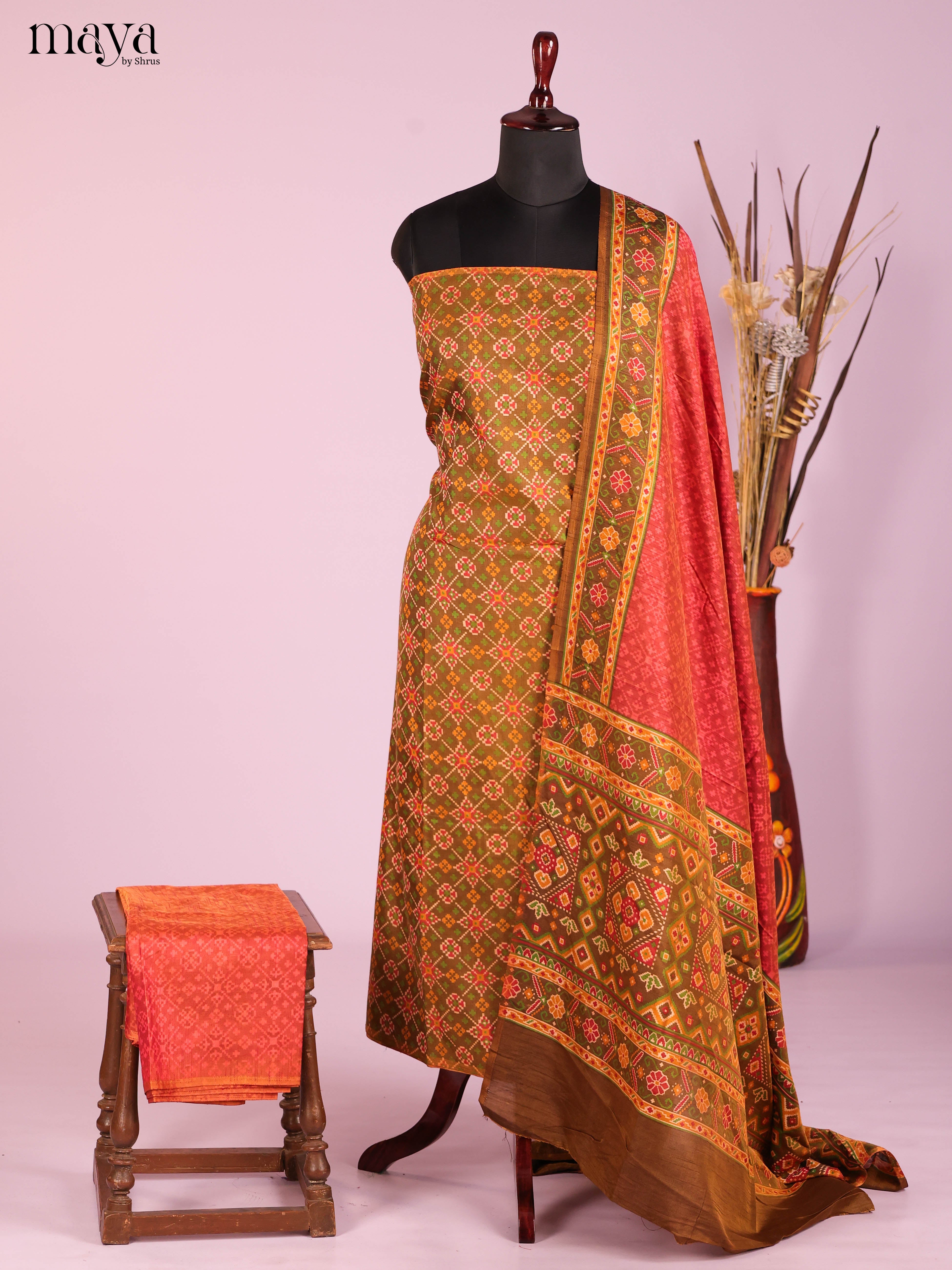 patola silk dress material Maroon Plain Silk Suit With Digital Printed Patola Design Tussar Silk Dupatta