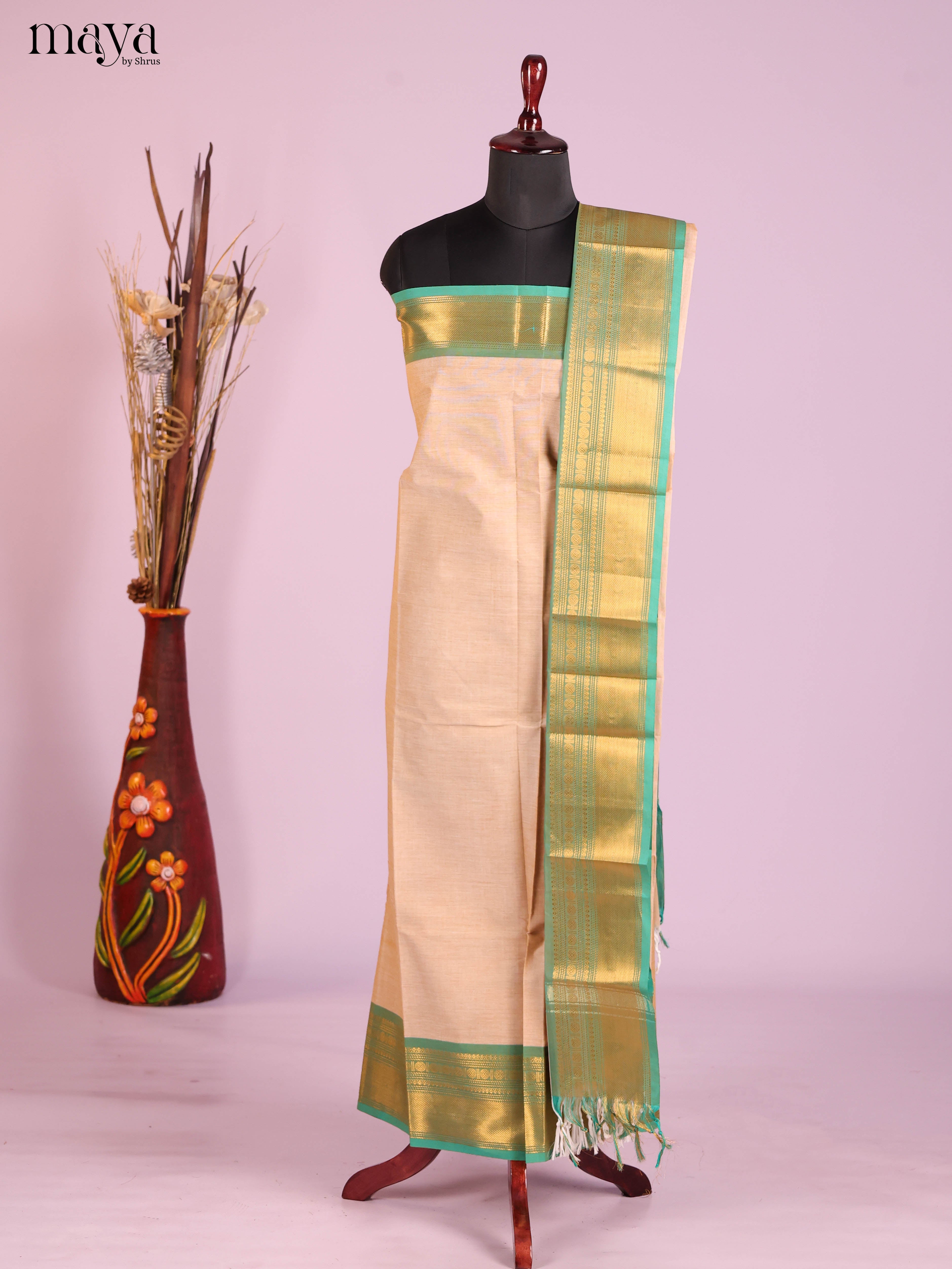Breezy Cream Chettinad Cotton Top & Dupatta Set With Teal Zari Border