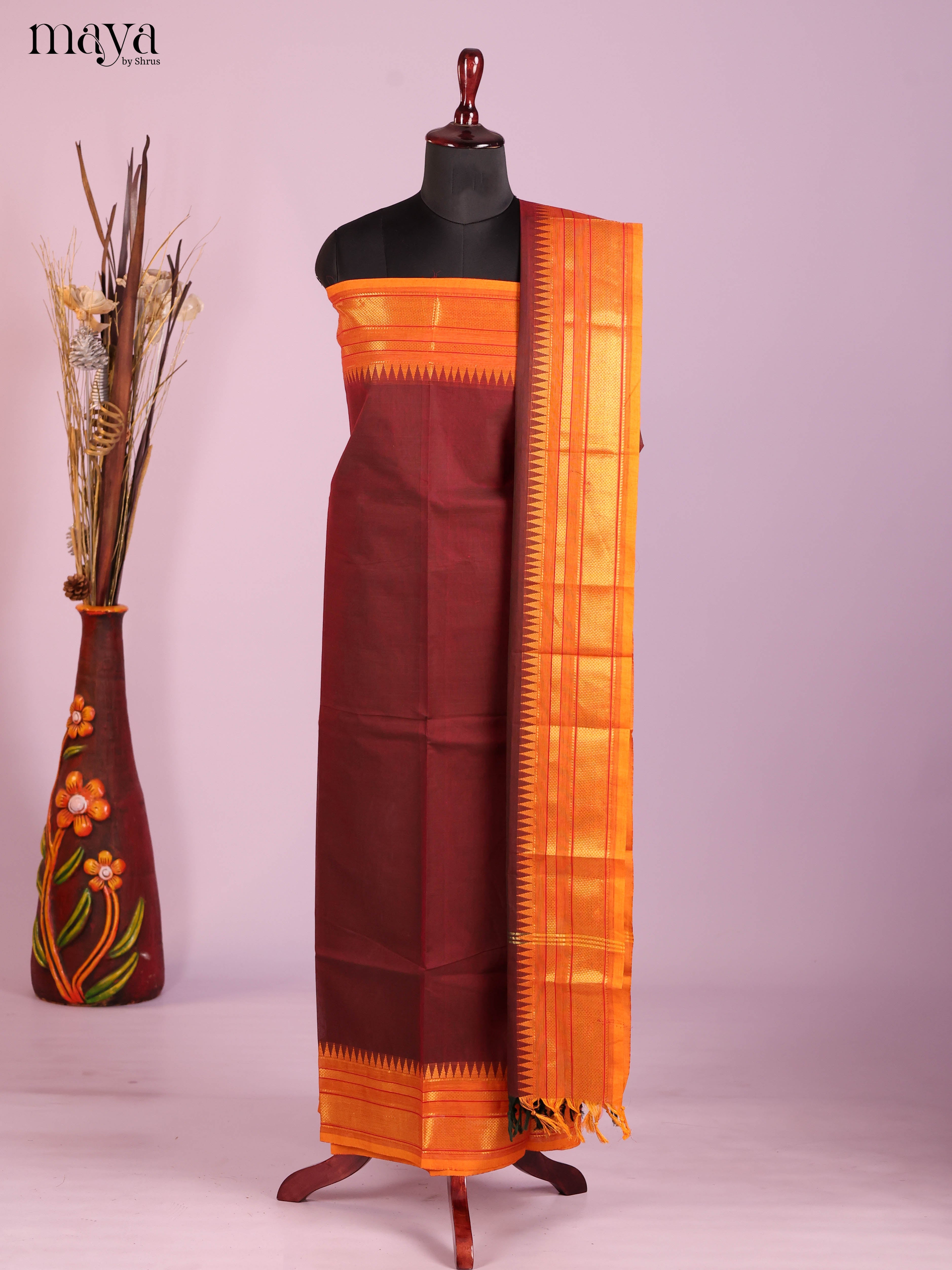 Stylish Maroon Chettinad Cotton Top & Dupatta Set With Orange Zari Border