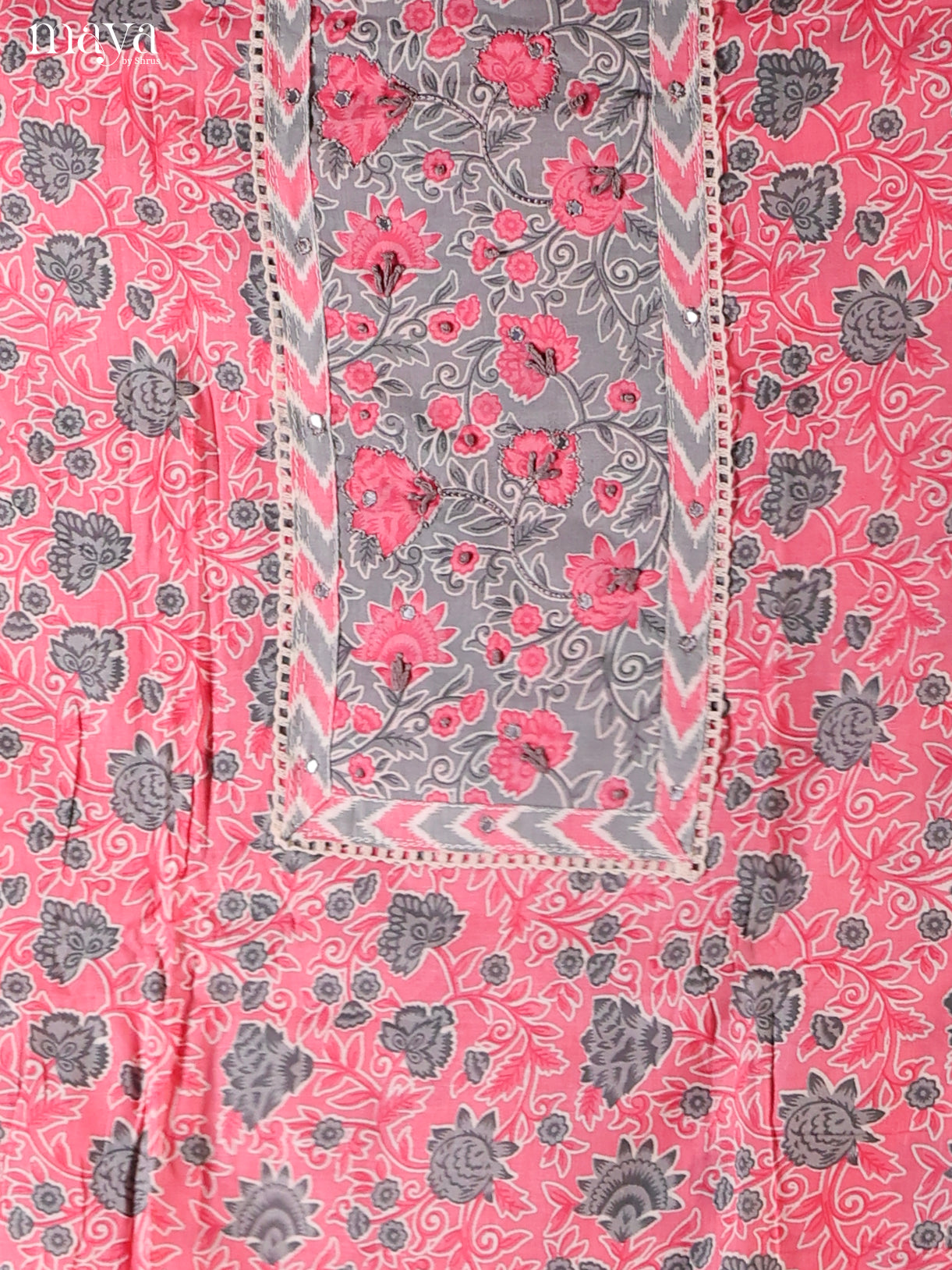 Pretty Pink & Grey Cotton Salwar Suit Material With Floral Patterns