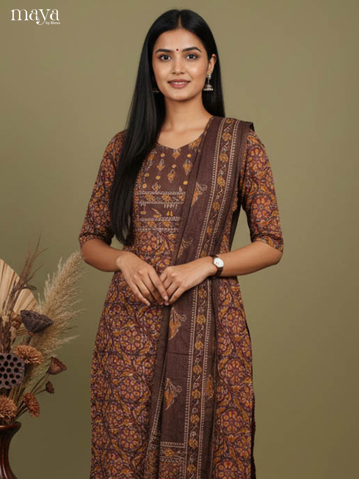 Exquisite Brown Floral Printed Cotton Readymade 3 Piece Salwar Set