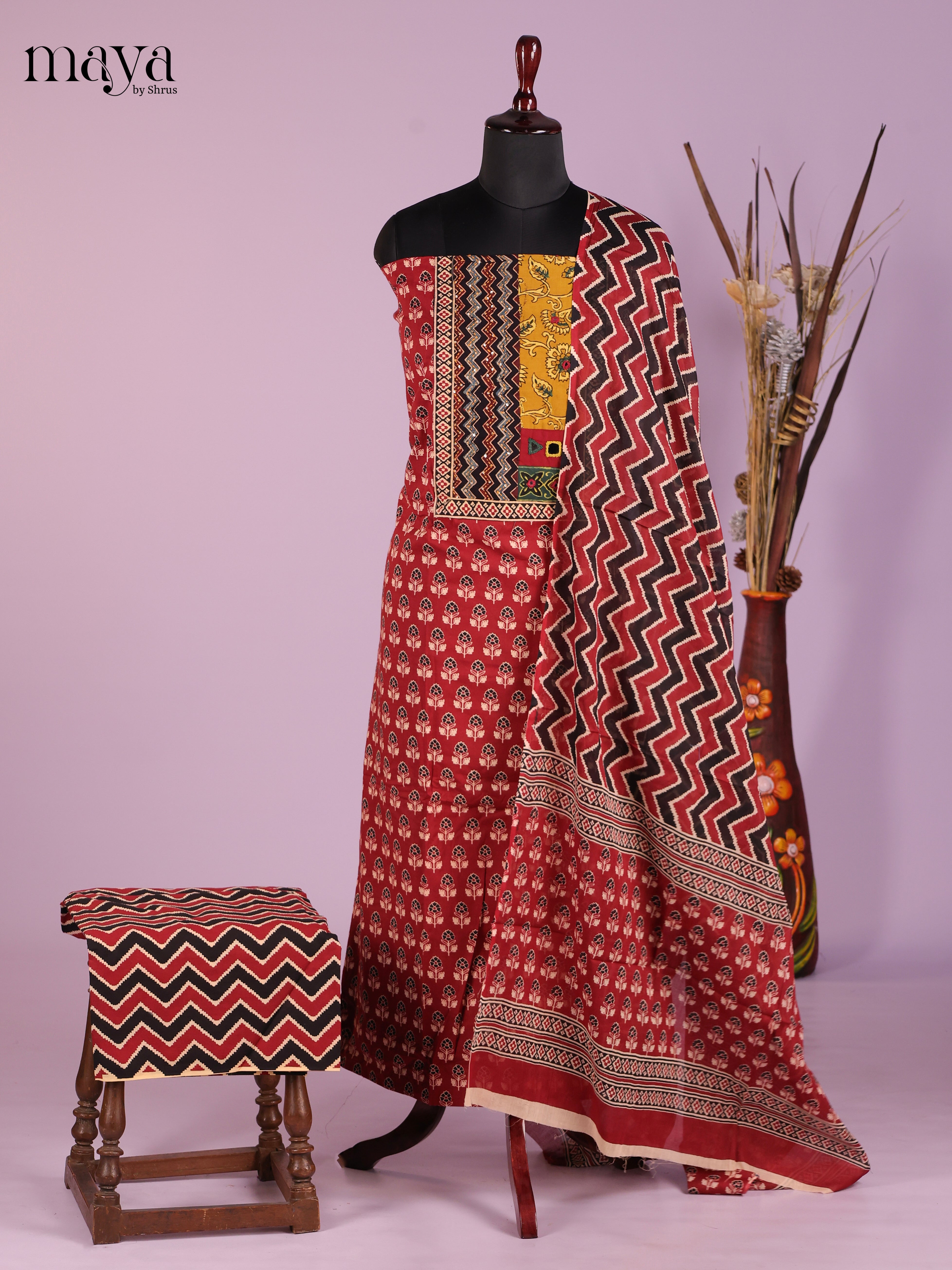 Pretty Red Cotton Salwar Suit Material With Floral Prints & Yoke Neck