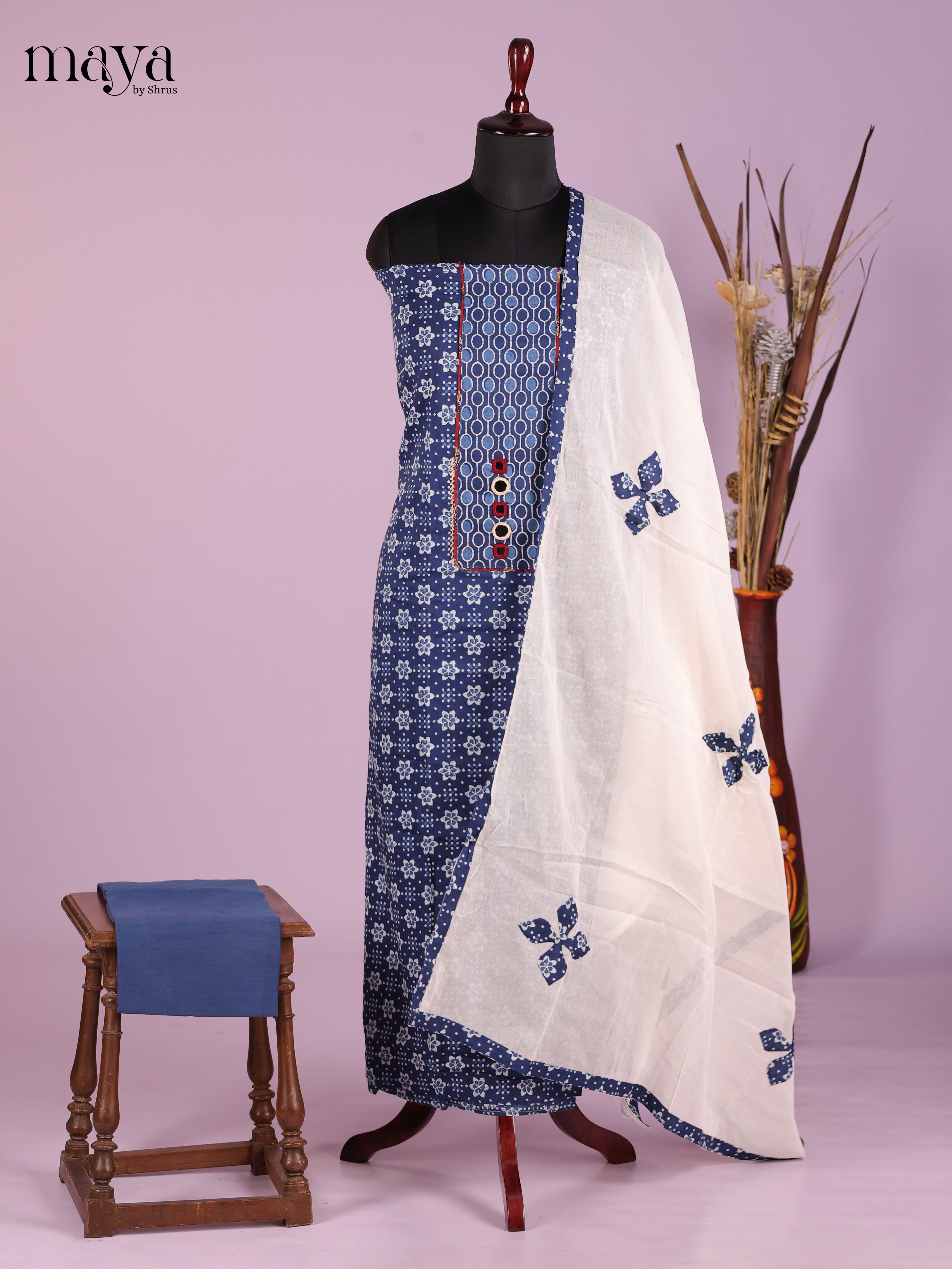 Vibrant Blue Cotton Salwar Set Material for Women With Patchwork Dupatta