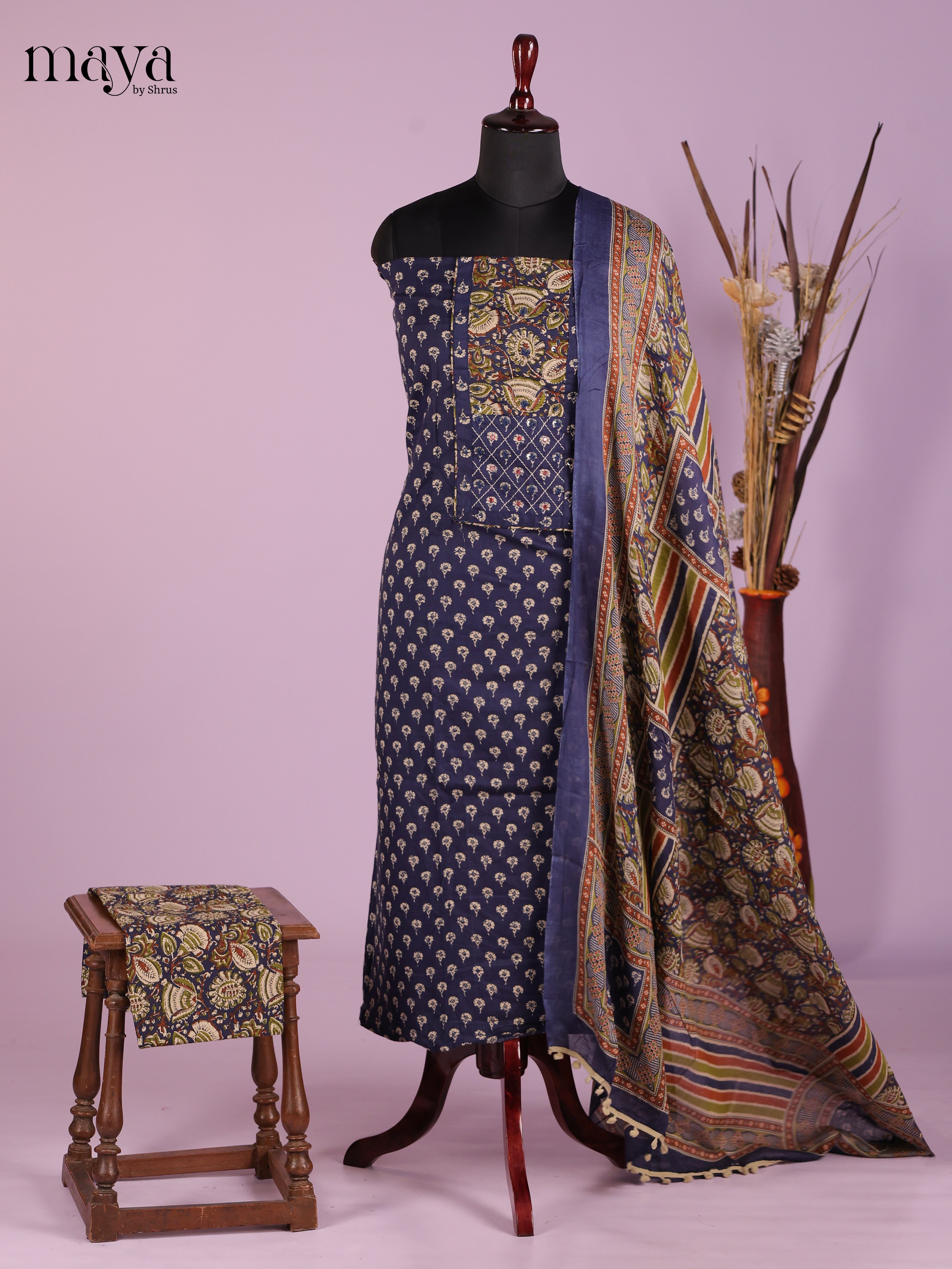 Classy Dark Blue Cotton Floral Salwar Suit Set Material