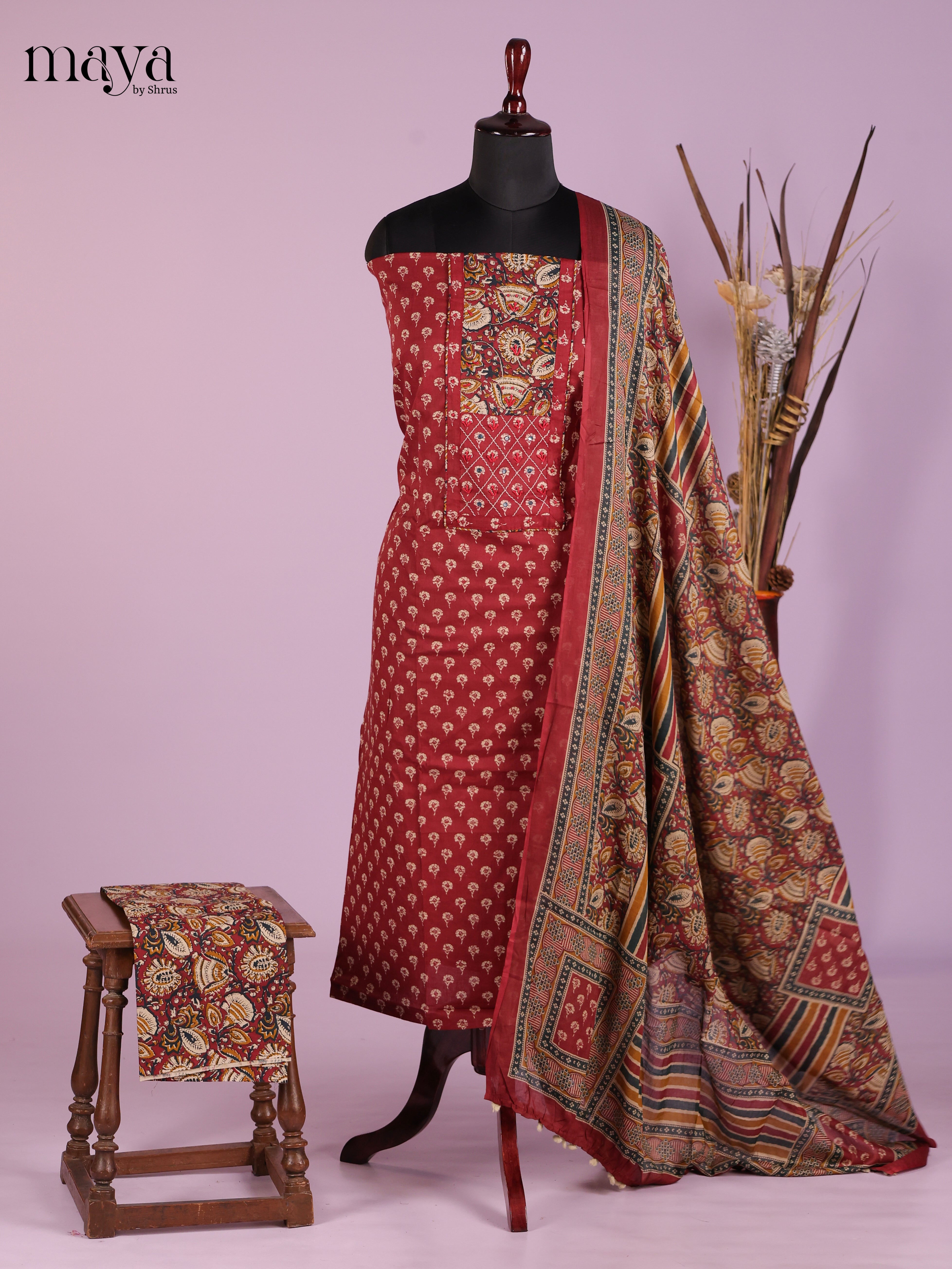 Chic Red Floral Cotton Salwar Set Material with Kalamkari Yoke Neck