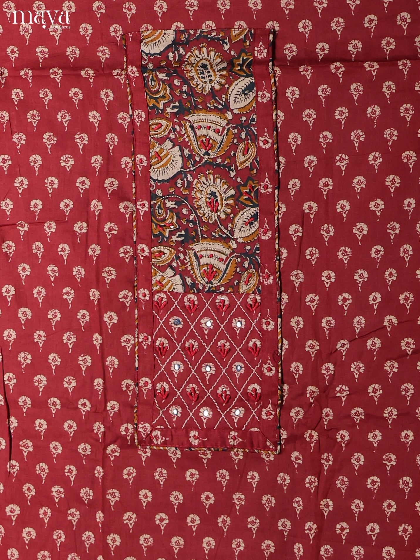 Chic Red Floral Cotton Salwar Set Material with Kalamkari Yoke Neck