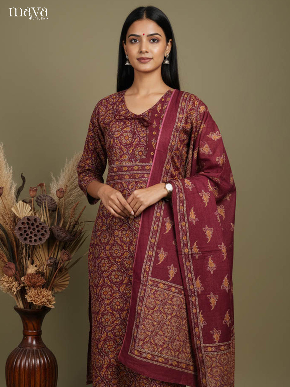 Classy Maroon Readymade Salwar Suit with Floral Prints