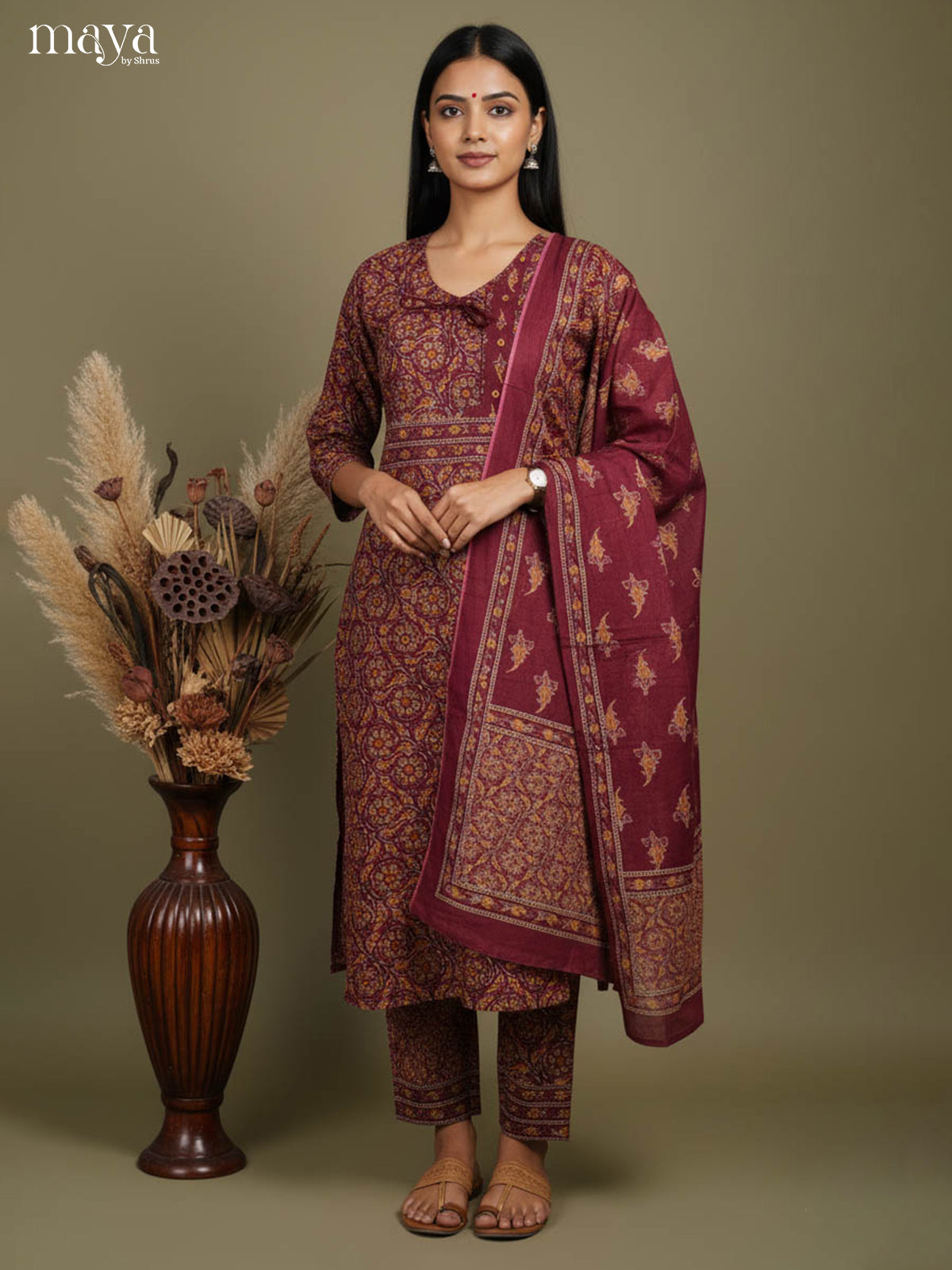 Classy Maroon Readymade Salwar Suit with Floral Prints