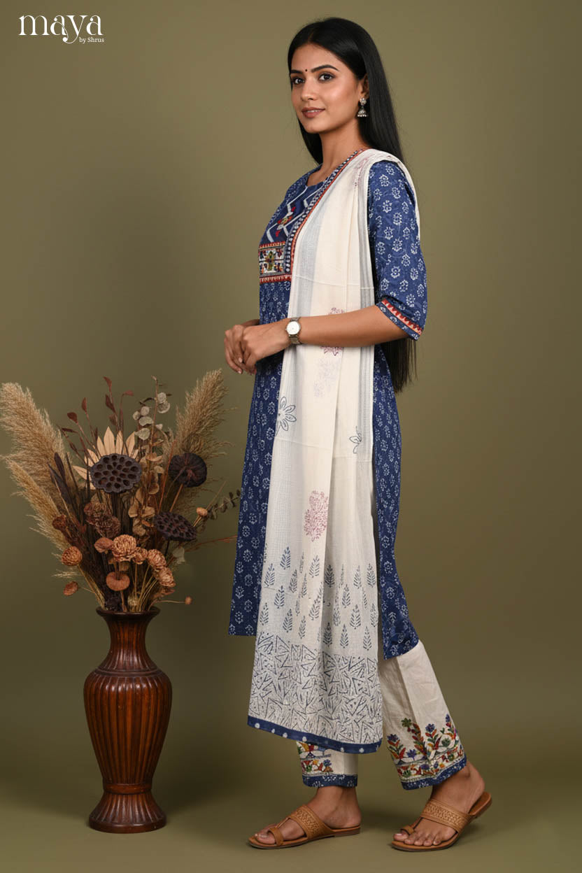 Elegant Navy Blue Floral Printed Cotton Readymade 3 Piece Salwar Set