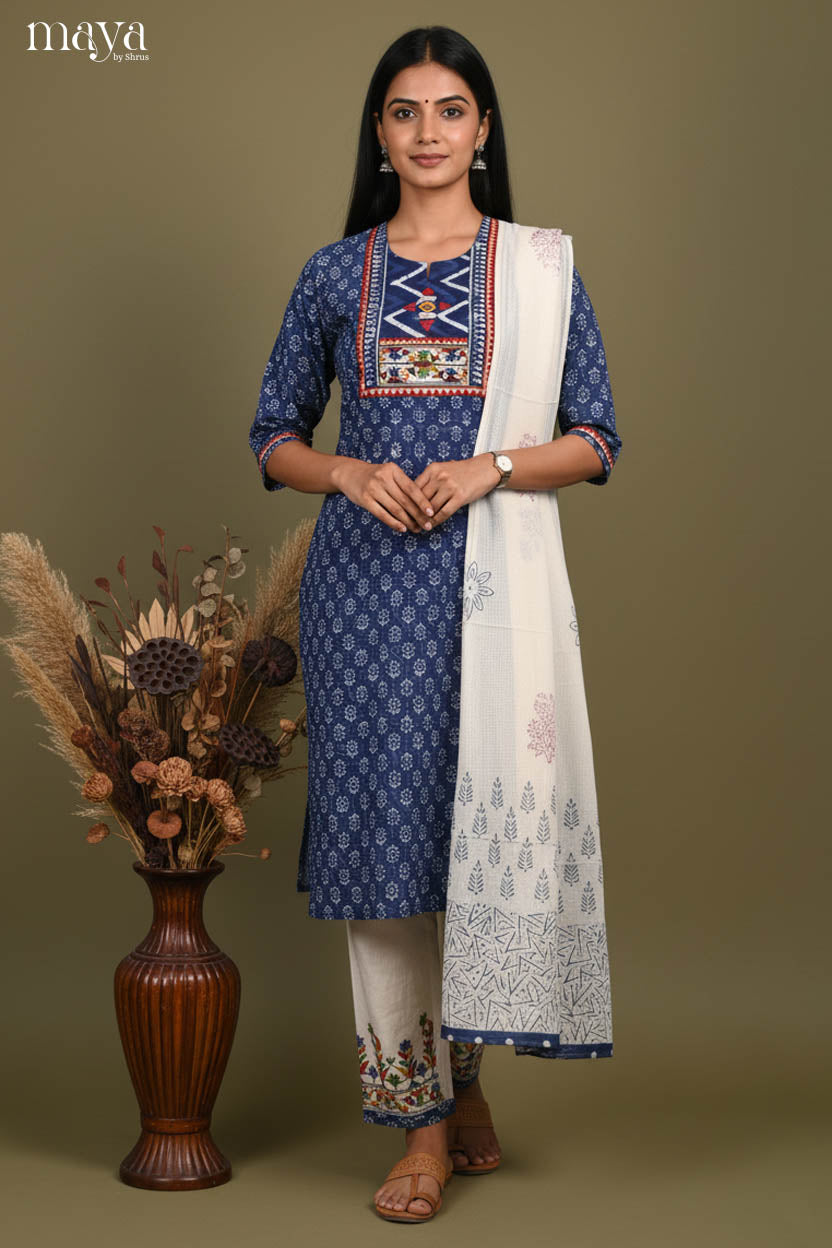 Elegant Navy Blue Floral Printed Cotton Readymade 3 Piece Salwar Set
