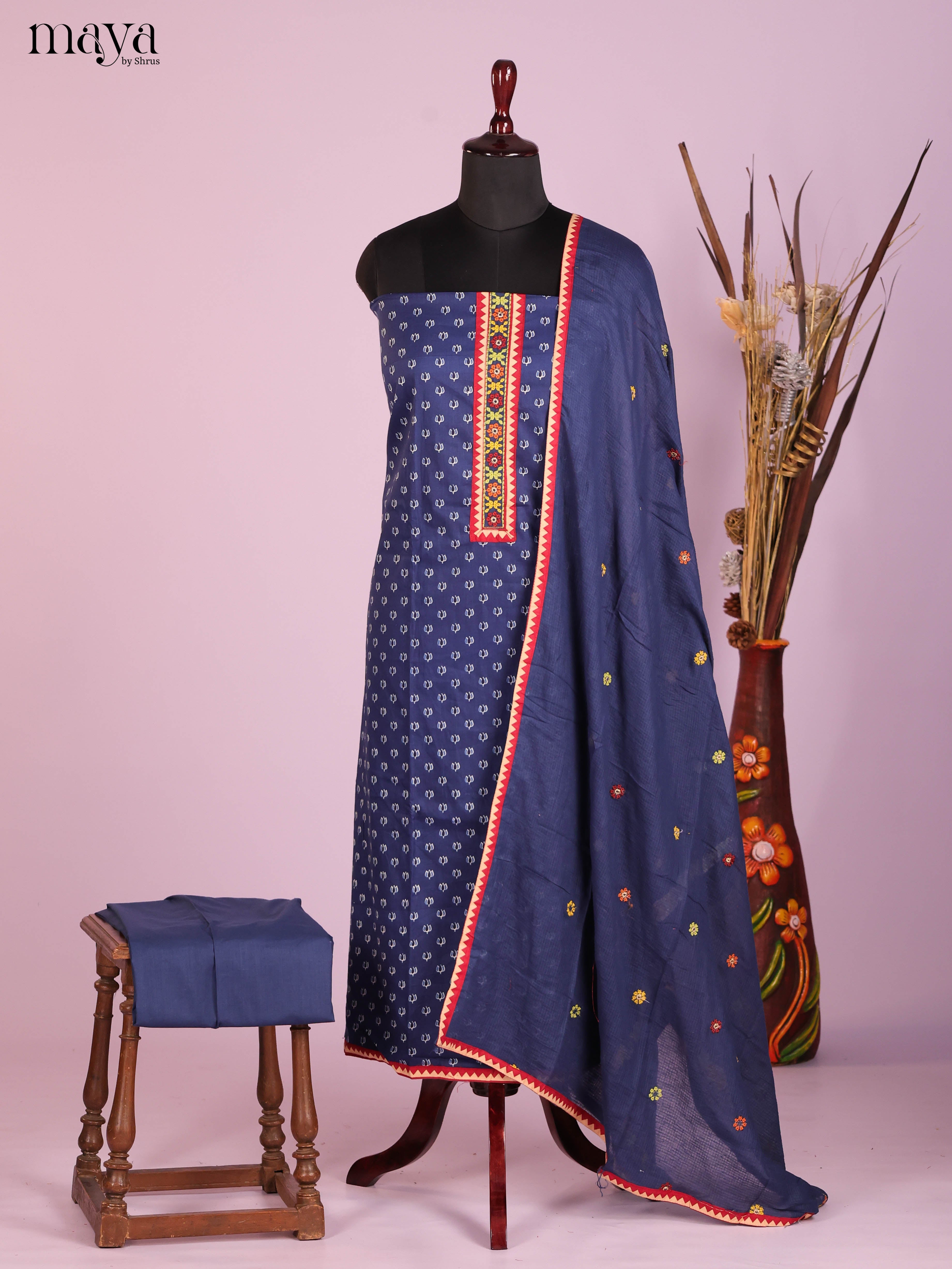 Pretty Blue Floral Printed Cotton Unstitched Salwar Set Material