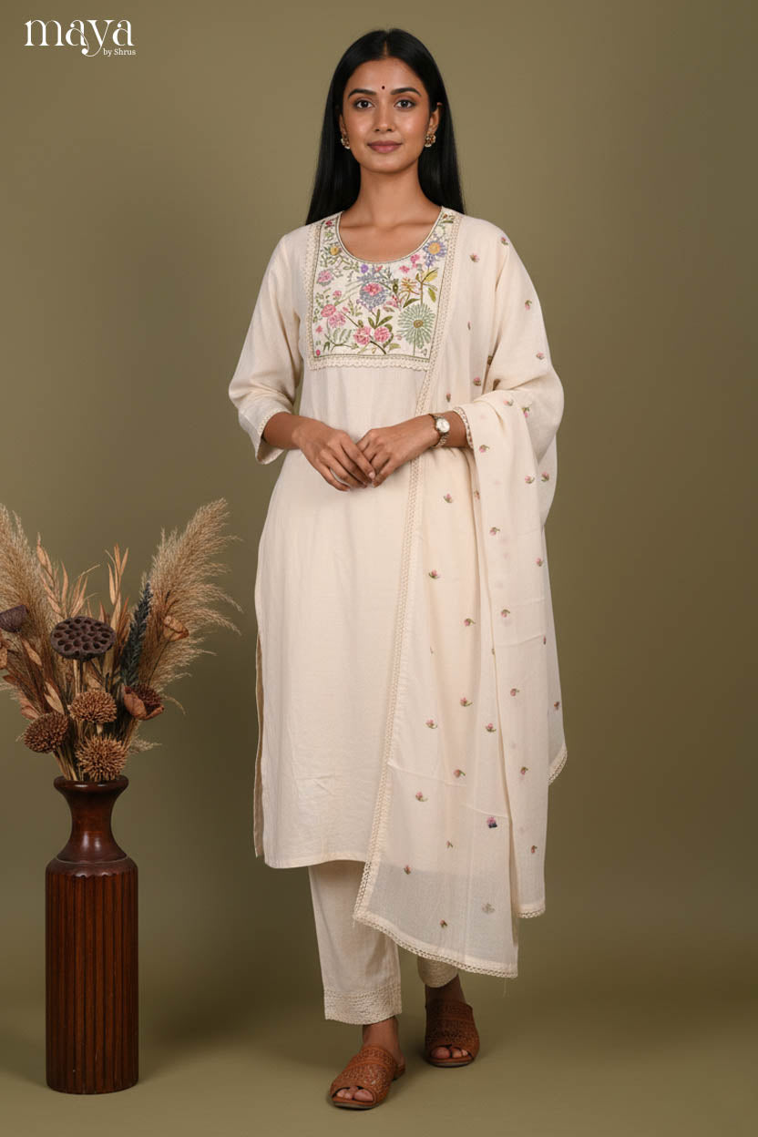 Elegant off-white Readymade Salwar Suit with Embroidered Yoke Neck
