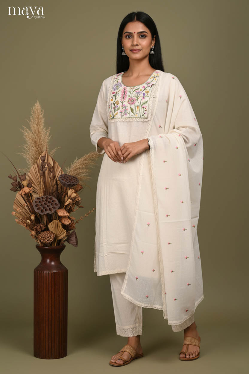 Ethereal off-white Readymade Salwar Suit with Embroidered Yoke Neck