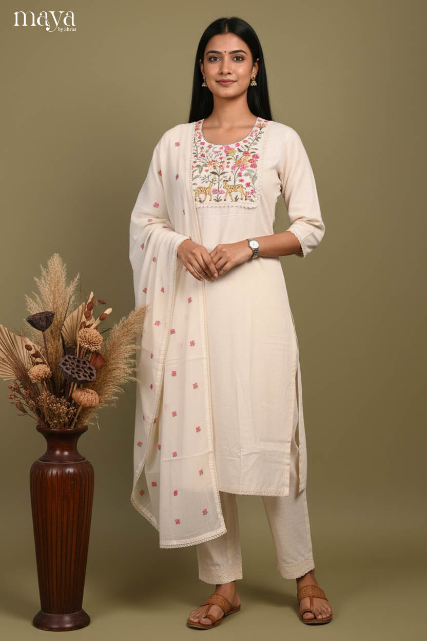 Beautiful Off-white Readymade Salwar Set with Embroidered Yoke Neck