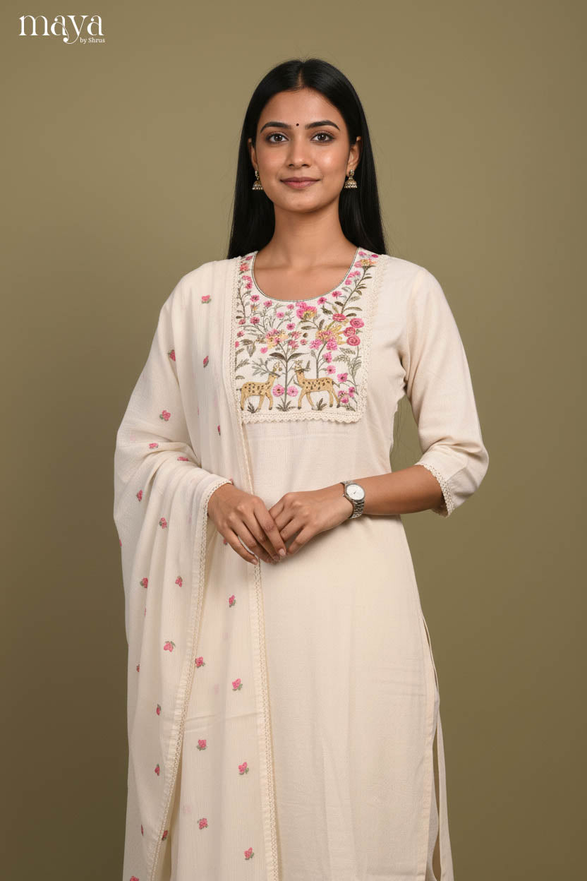 Beautiful Off-white Readymade Salwar Set with Embroidered Yoke Neck