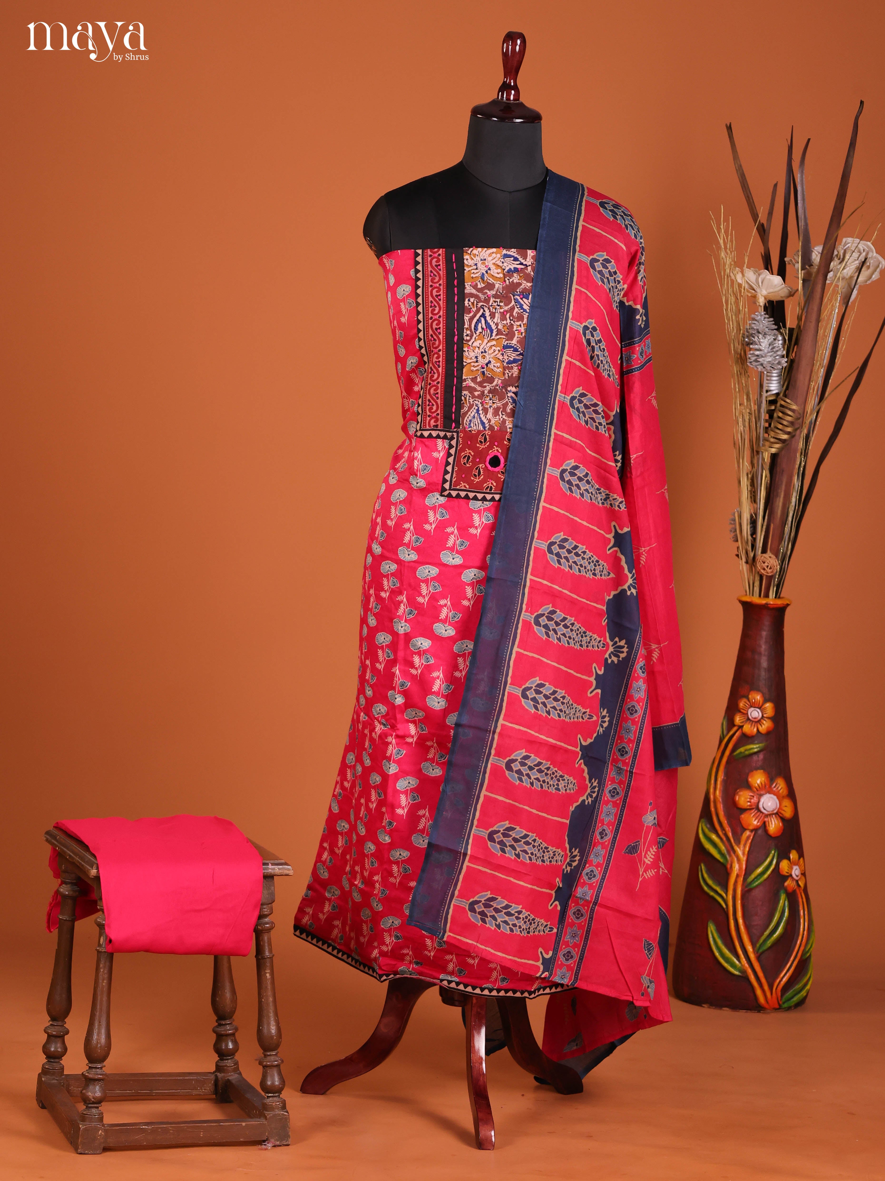 Vibrant Pink Ajrakh Cotton Dress Material With Floral Prints