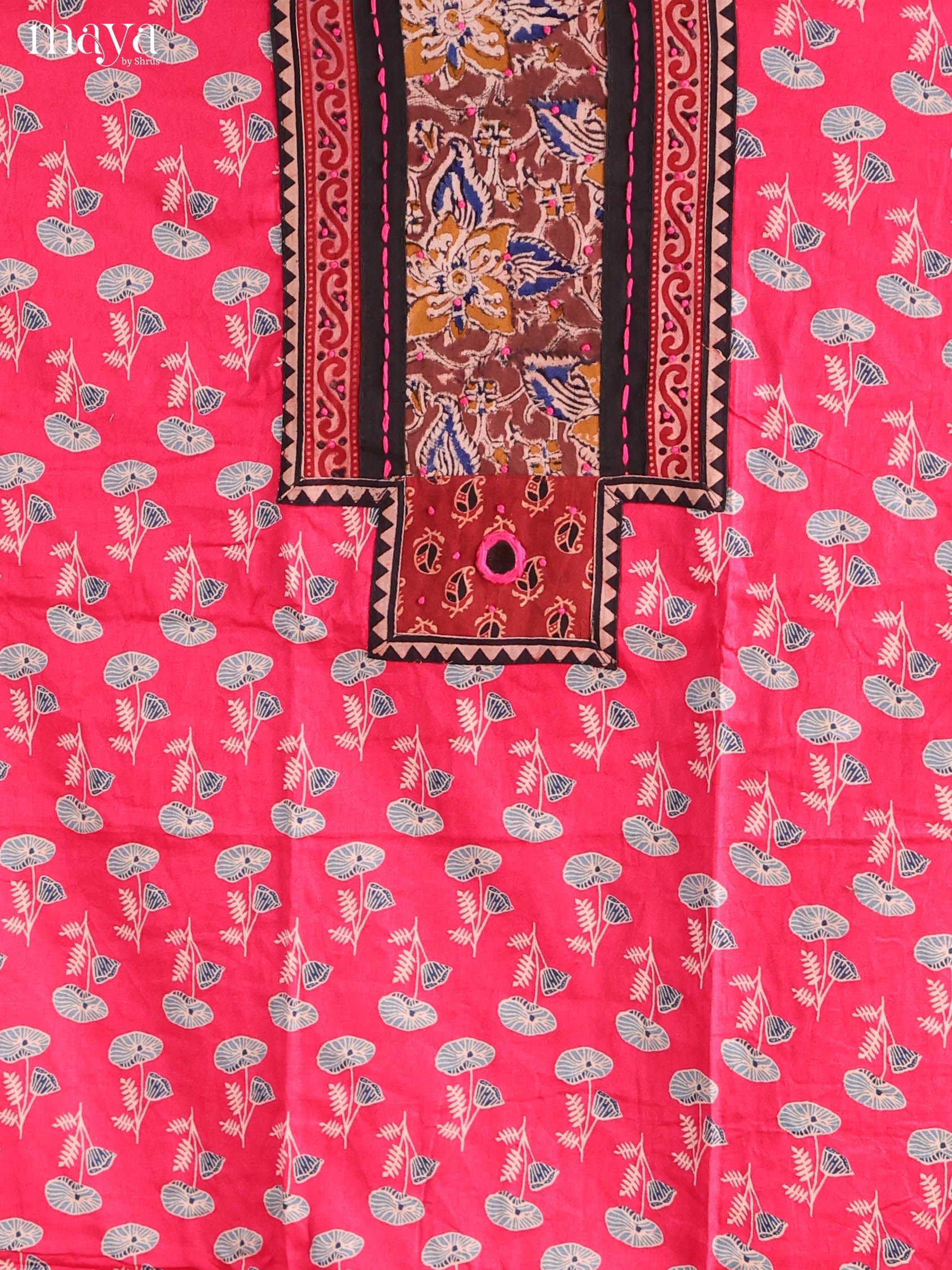 Vibrant Pink Ajrakh Cotton Dress Material With Floral Prints