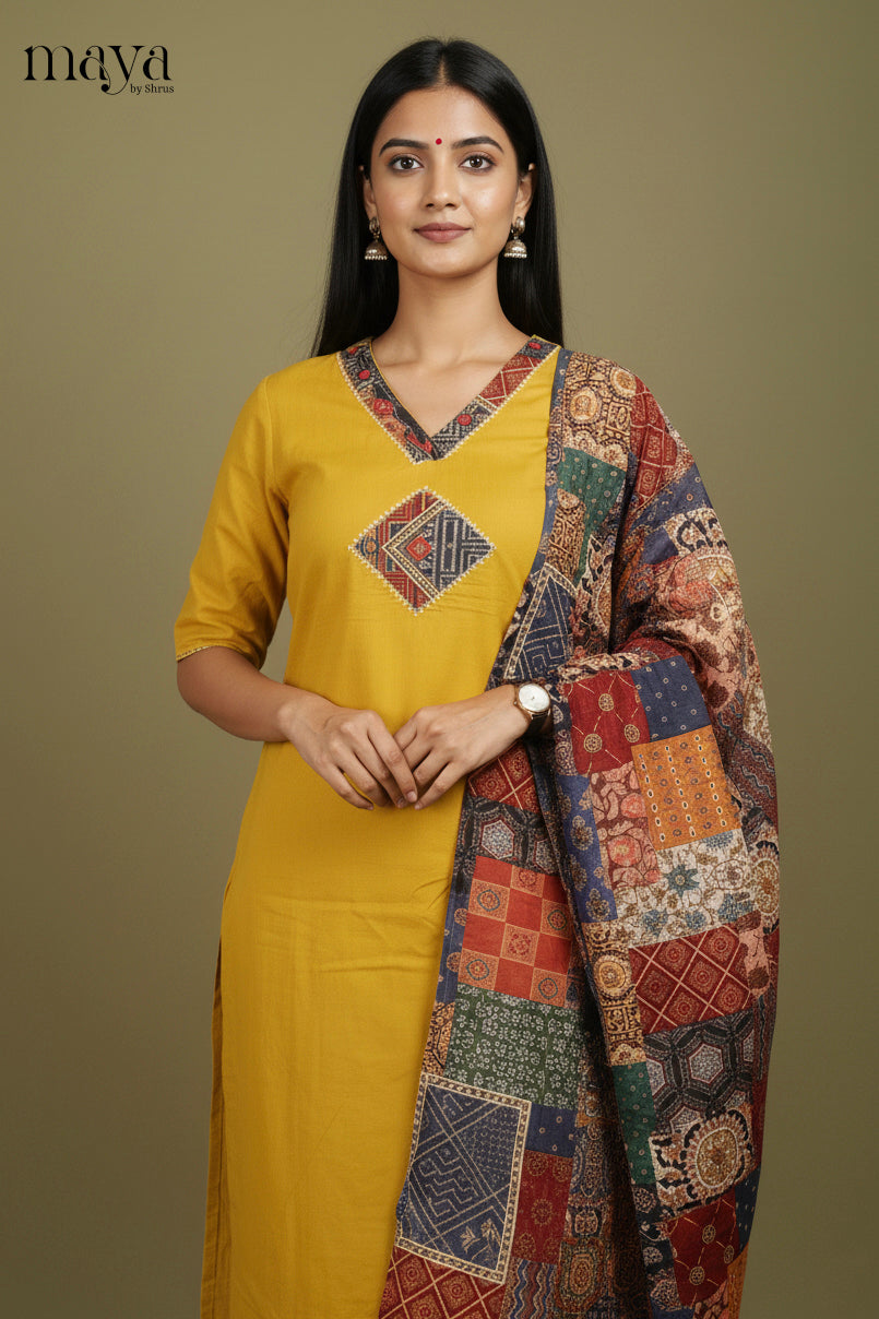 Vibrant Mustard Readymade Salwar Set with V Neck & Patchwork Printed Dupatta