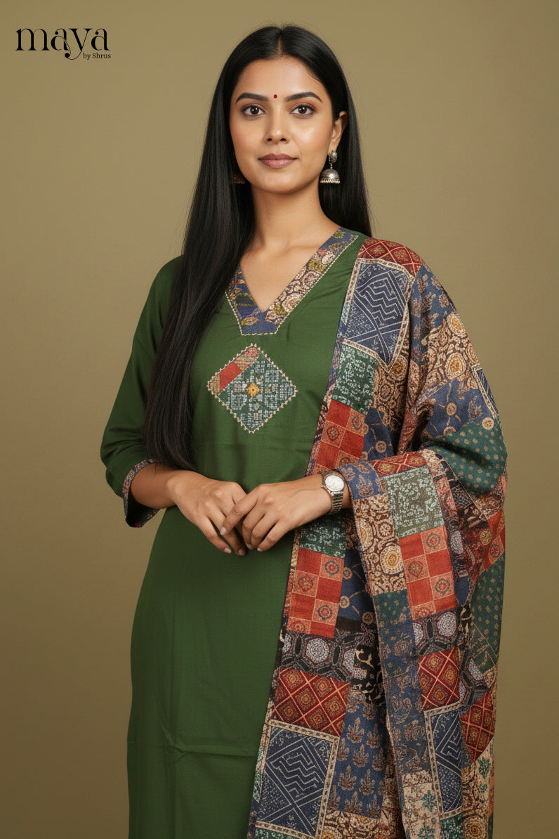 Unique Green Readymade Salwar Set with V Neck & Patchwork Printed Dupatta