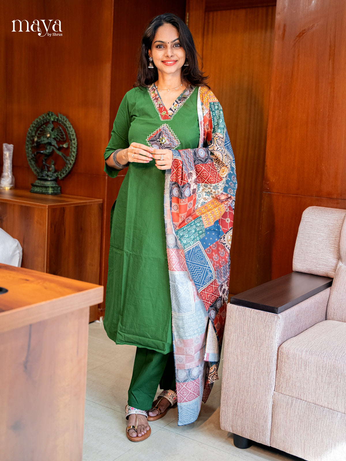 Unique Green Readymade Salwar Set with V Neck & Patchwork Printed Dupatta