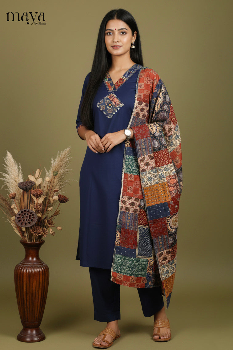 Classy Navy Blue Cotton Salwar Suit With Yoke Neck & Dupatta