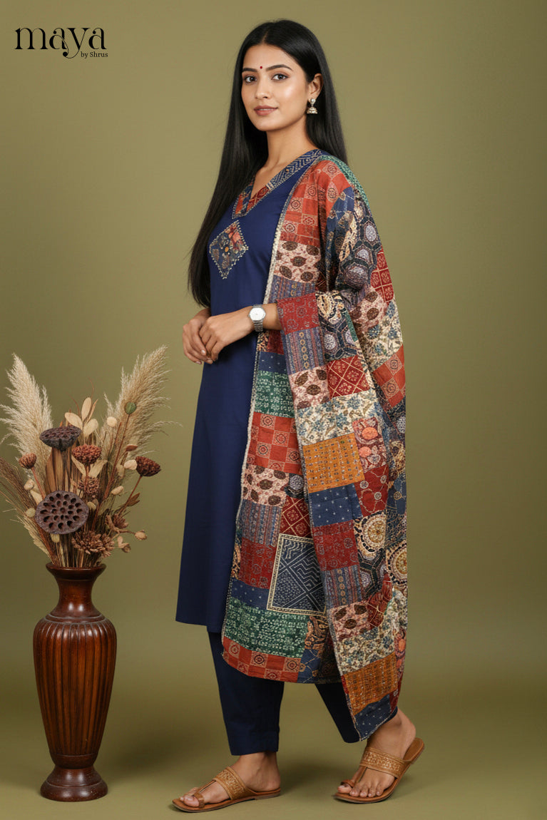 Classy Navy Blue Cotton Salwar Suit With Yoke Neck & Dupatta