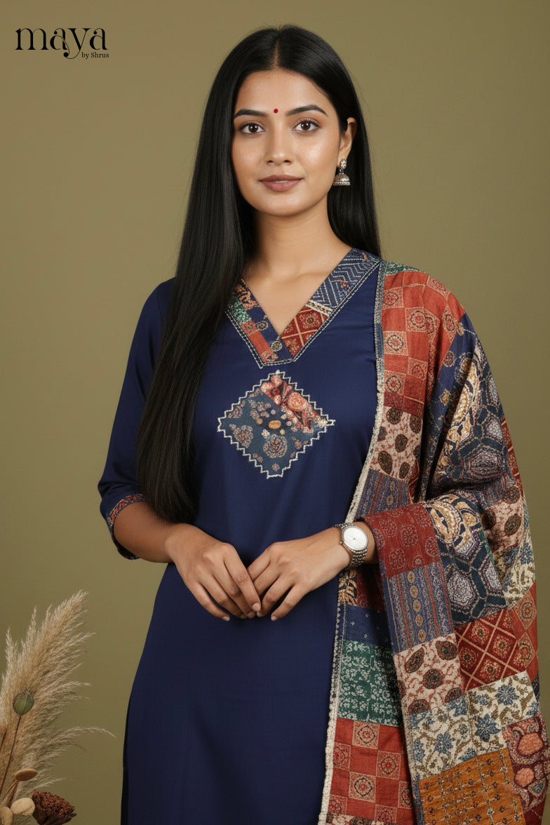 Classy Navy Blue Cotton Salwar Suit With Yoke Neck & Dupatta