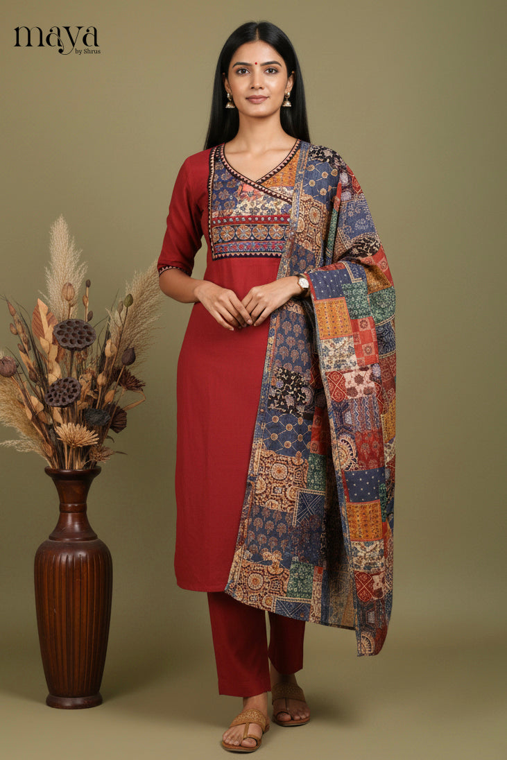 Striking Maroon Salwar Set with Yoke Neck & Patchwork design duppatta