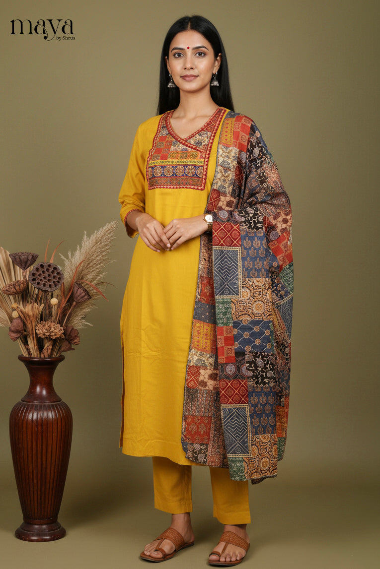 Luminous Yellow Readymade Salwar Set with Printed Yoke Neck