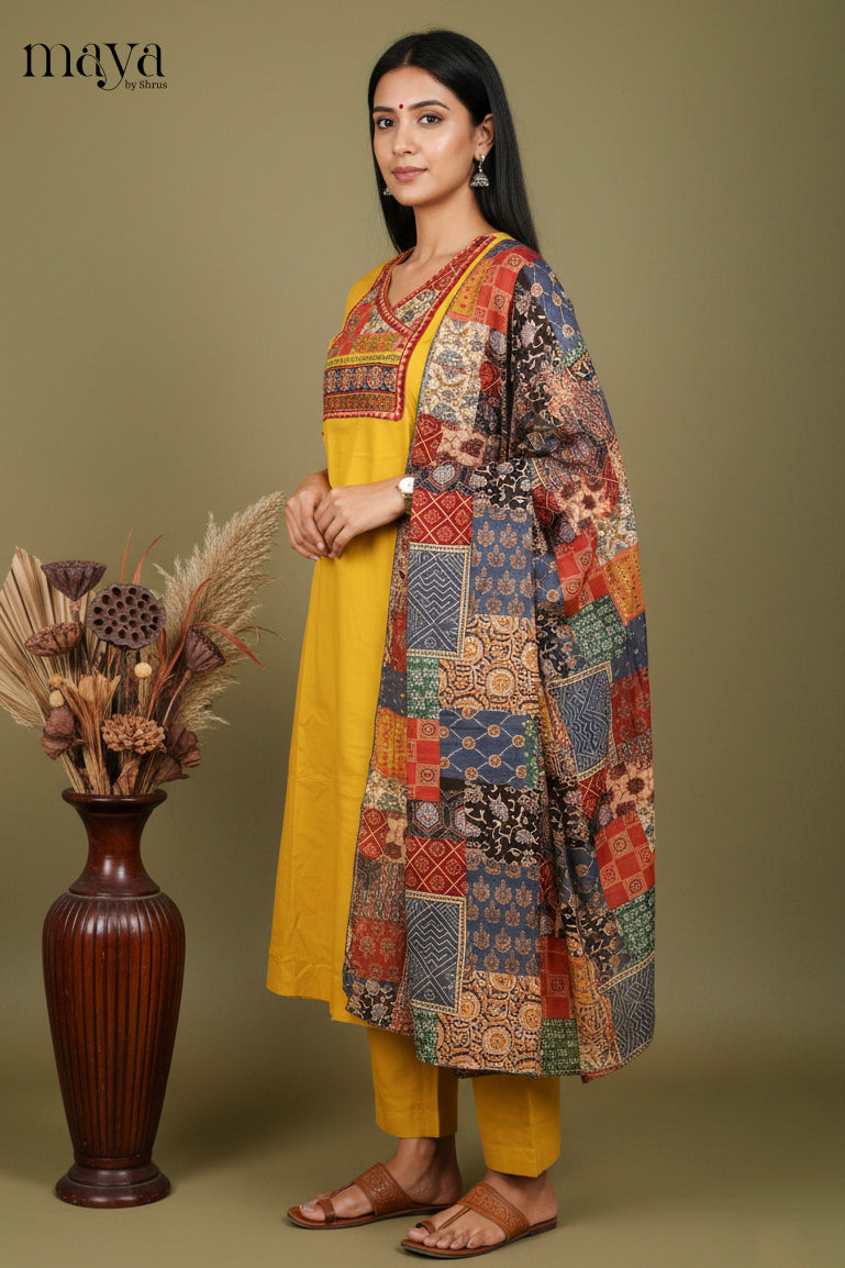 Luminous Yellow Readymade Salwar Set with Printed Yoke Neck