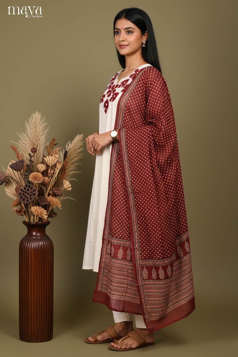 Elegant Off-white Readymade Salwar Set with Embroidered Neck & Red Dupatta
