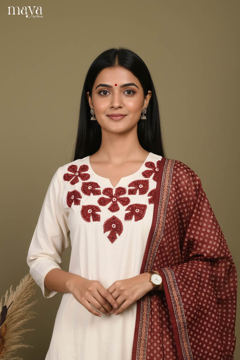 Elegant Off-white Readymade Salwar Set with Embroidered Neck & Red Dupatta