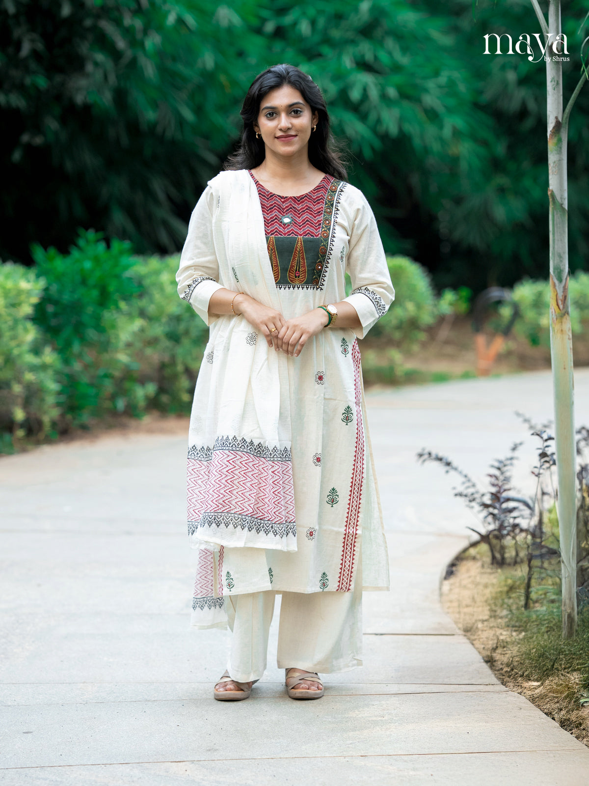 Exquisite White A-line Readymade Salwar Suit with Printed Design & Yoke Neck