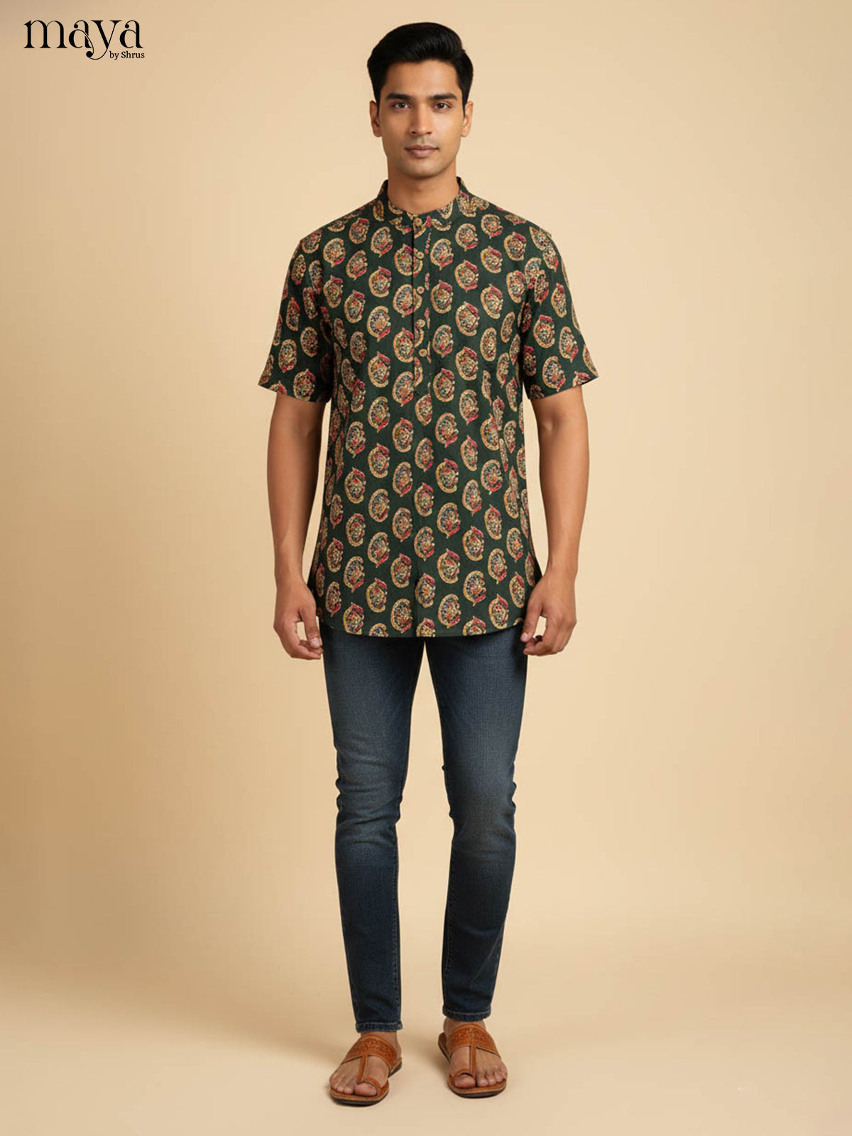 Stunning Bottle Green Kurta For Men With Medallion Prints